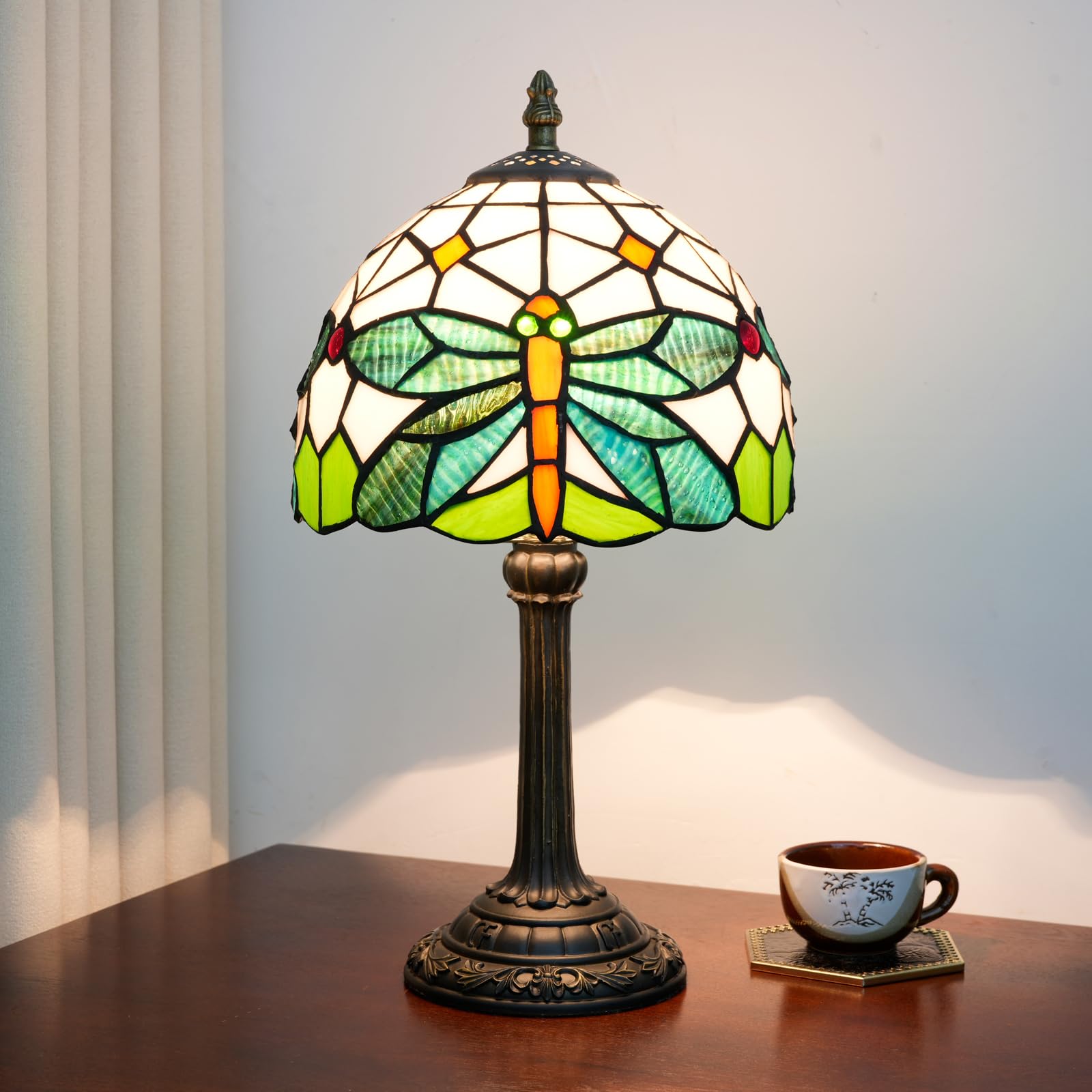 8 Inch Vintage Green Dragonfly Pattern Small Tiffany Lamp Stained Glass Table Lamp Cute Unique Bedside Nightstand Light Living R