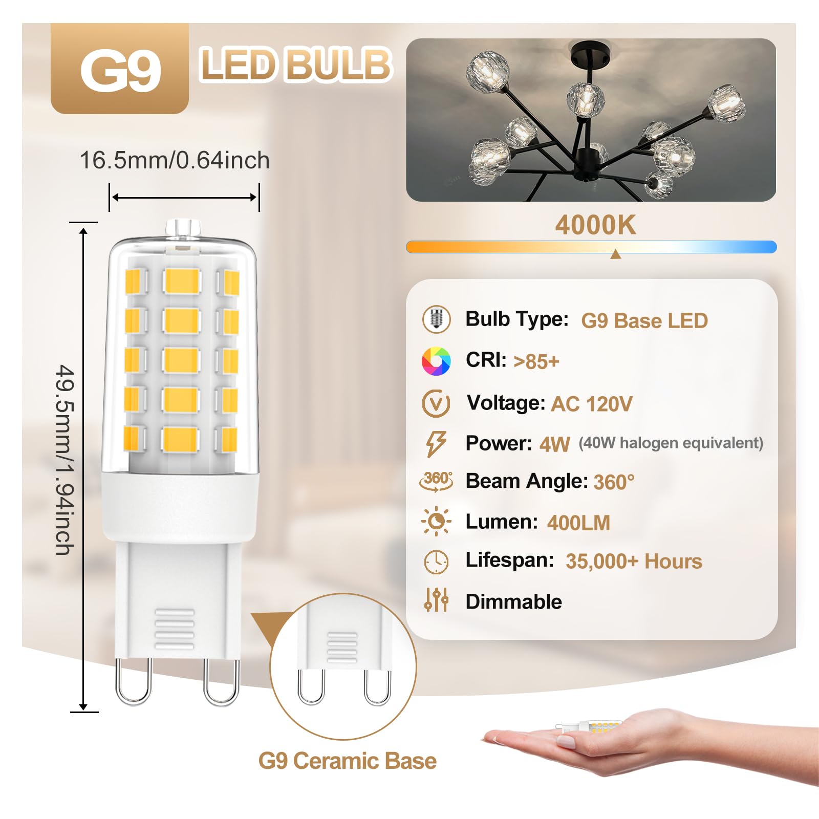 G9 Led Bulb Dimmable 4W  40 Watt T4 G9 Halogen Equivalent  4000K Neutral White G9 Led Light Bulbs  120V 400Lm G9 Light Bulbs For Chandelier Lighting  10 Pack