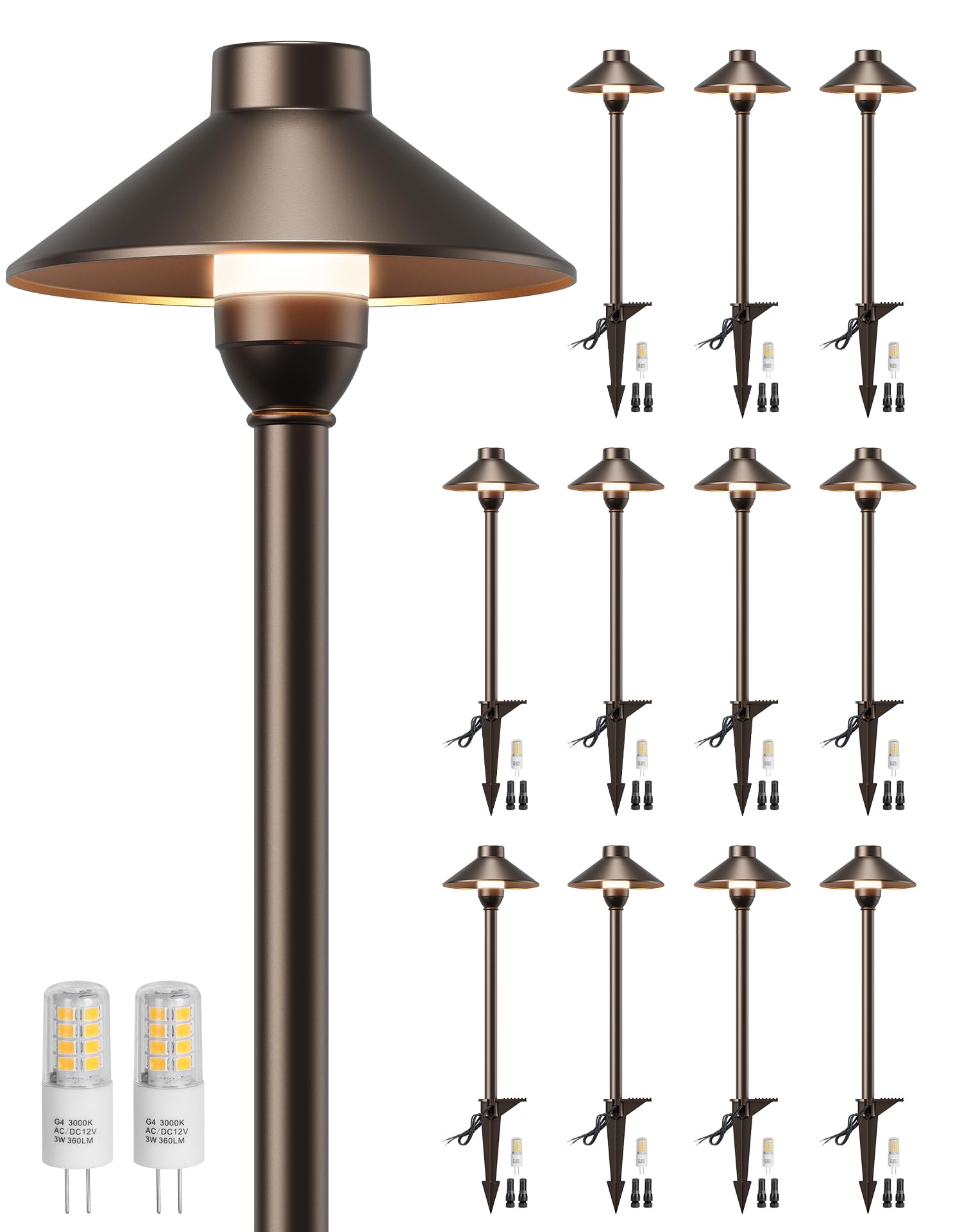 Partphoner Low Voltage Landscape Lighting 12-Pack  Aluminum 12V Pathway Lights With G4 Bulbs  Waterproof Oil Rubbed Bronze Color Wired Path Lights With Connectors For Walkway Yard Garden