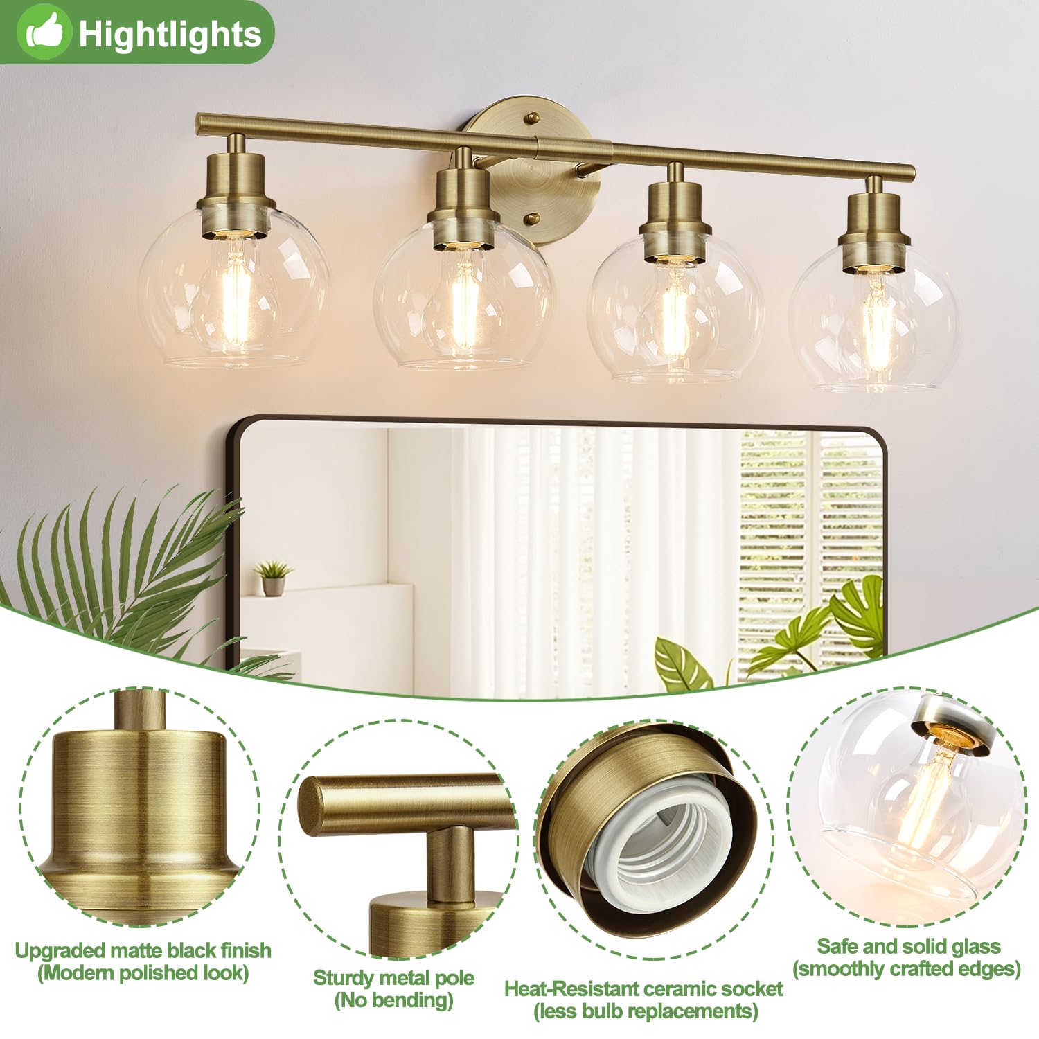 2024 Upgrade 4-Light Bathroom Light Fixtures, Brushed Brass Bathroom Lights Over Mirror With Clear Glass Globe Shade, Vanity Lig