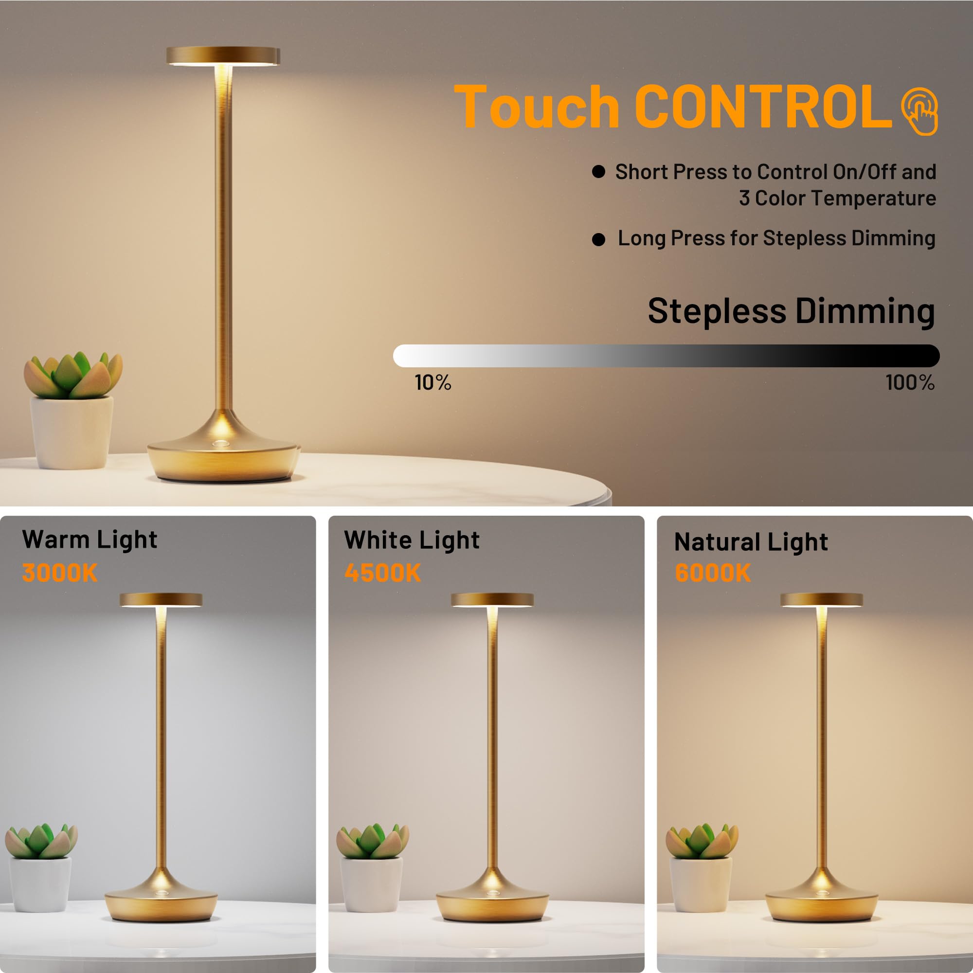 YHT Cordless Table Lamp, Rechargeable LED Desk Lamp, Waterproof 3-Color Touch, Gold 2P, Model X86