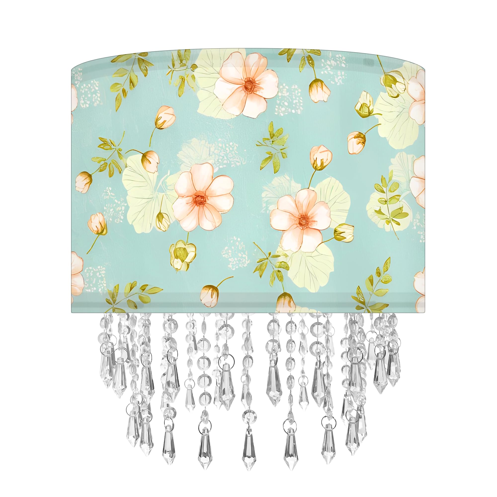 Spring Flower Lamp Shade with Acrylic Bead Droplets, Teal Wild Floral Fabric Light Shade for Pendant Table & Floor Lamps, Nature