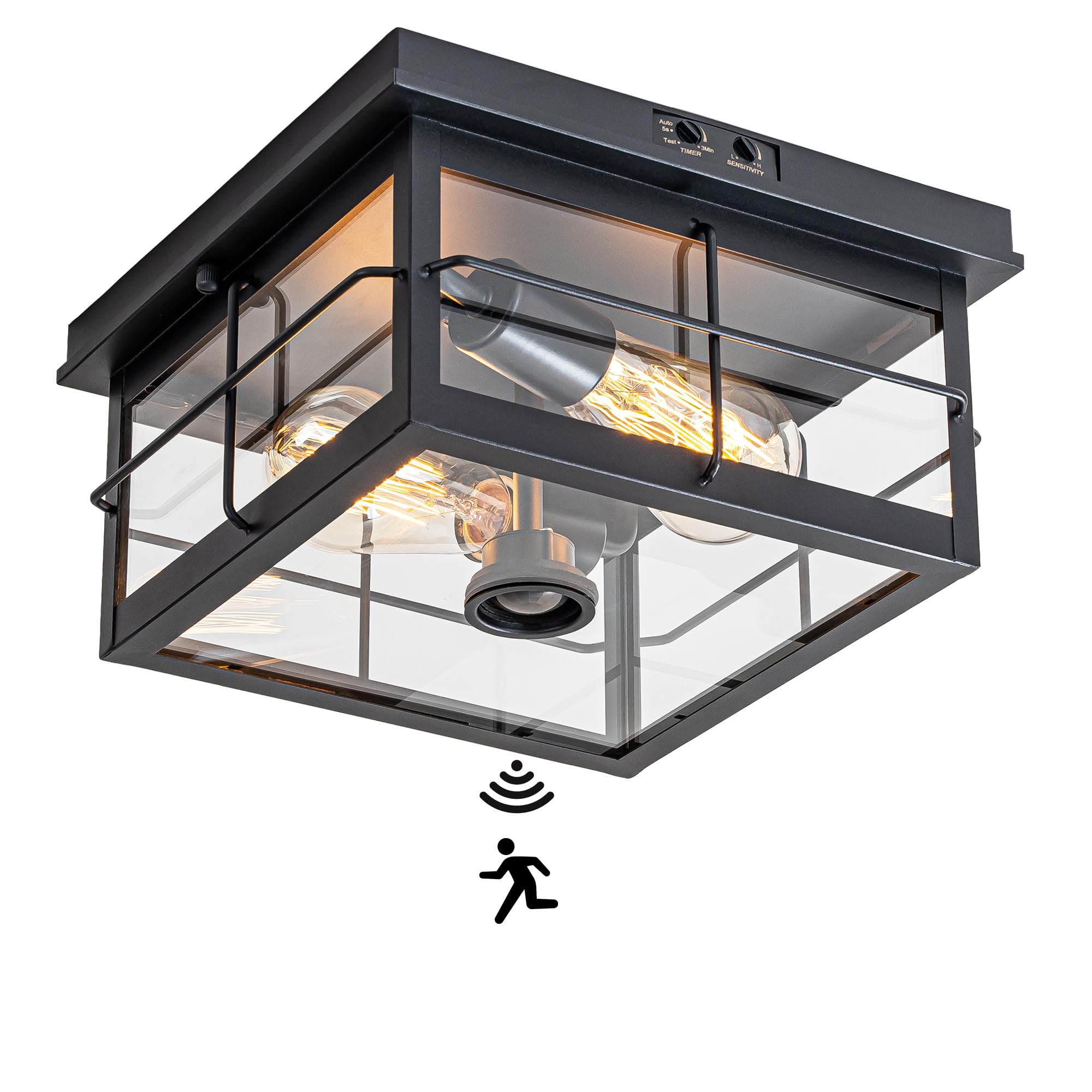 Oupavocs Modern Outdoor Ceiling Light With Motion Sensor, Clear Glass, 2-Light Farmhouse Fixture