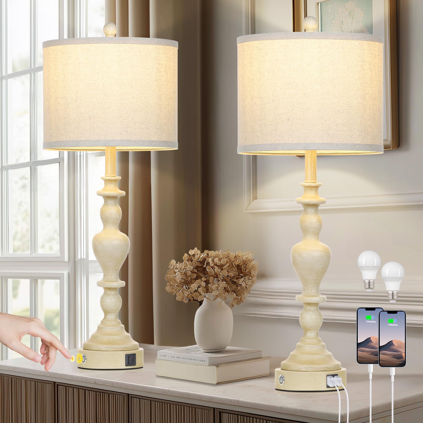 luxeflow 27 Farmhouse Table Lamps Set of 2, Vintage Bedside Lamps with USB A+C Charging Ports, 3-Way Dimmable Touch Control Trad