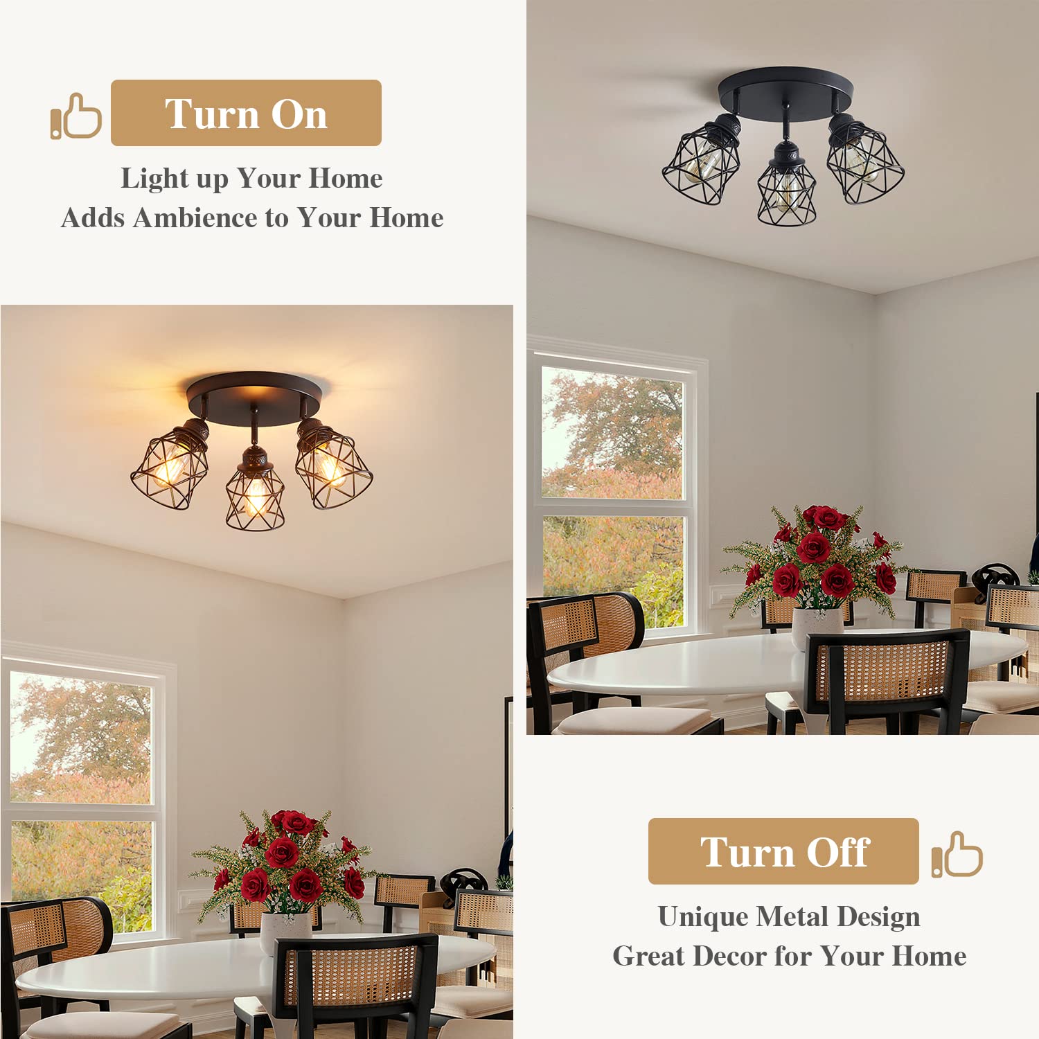 ABEAJAT 3-Light Adjustable Semi Flush Mount Ceiling Light Fixture, Black Metal, Multi-Directional for Kitchen, Dining Room, Hallway