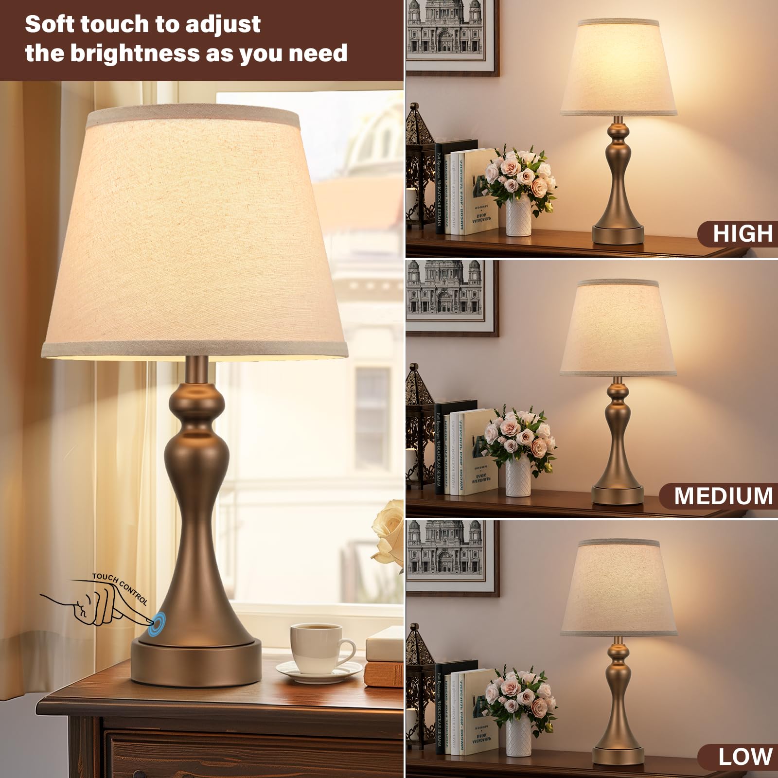 Seealle Touch Lamps Set of 2 - 3 Way Dimmable, Metal, Oat Shade & Brown Base, 9.5 x 9.5 x 19 inches, USB C