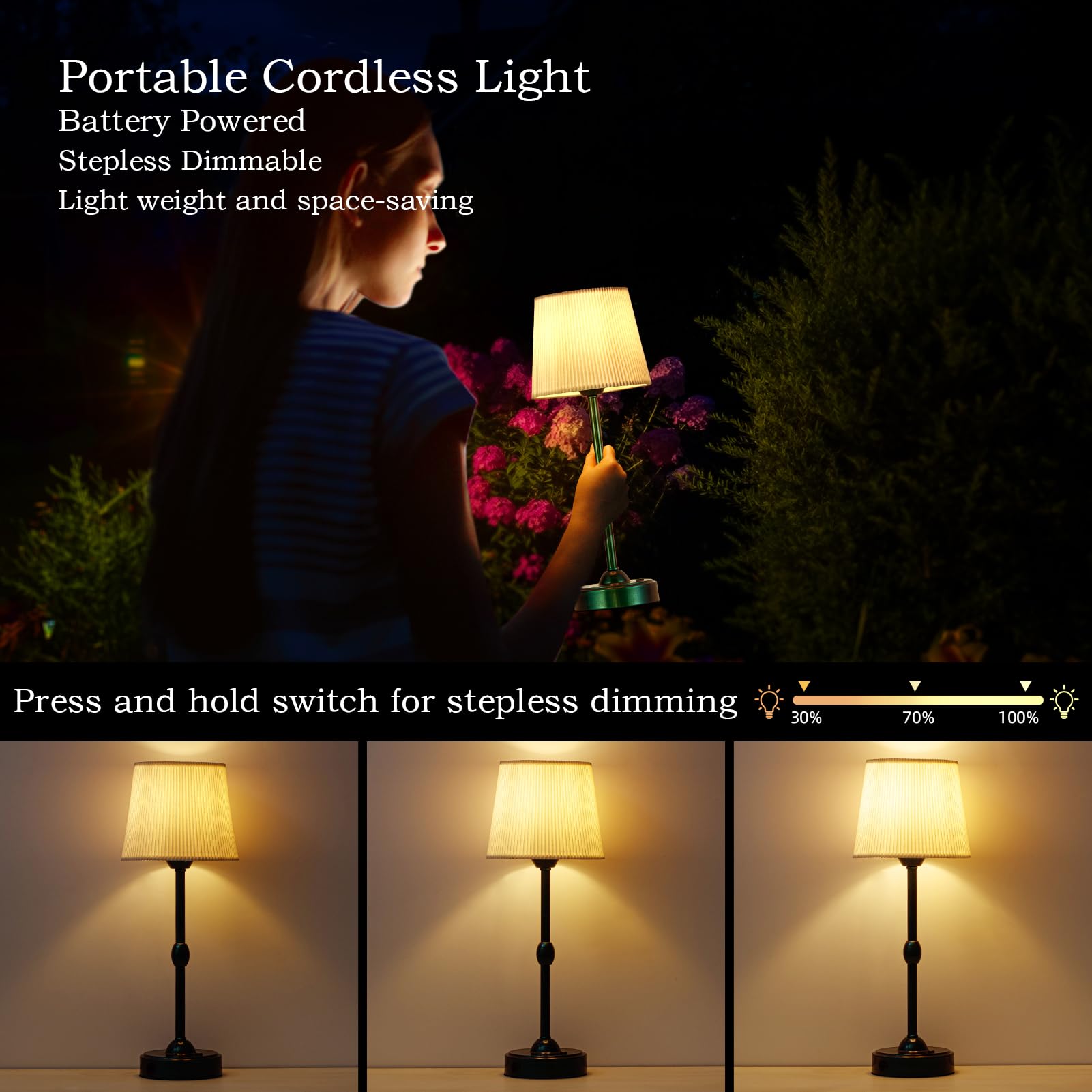 Roria Led Cordless Table Lamps - Set Of 2, Rechargeable, Dimmable, Green, For Indoor/Outdoor Use