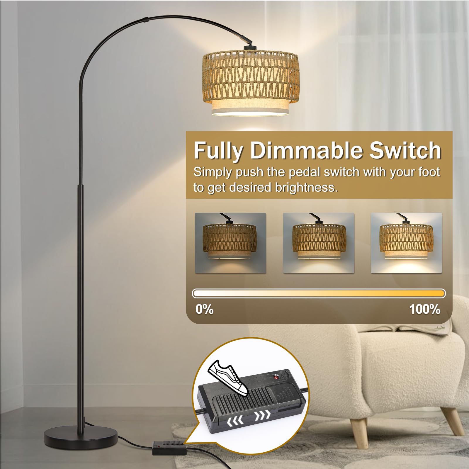 Rattan Floor Lamp, Dimmable Arc Floor Lamps For Living Room, Boho Farmhouse Standing Lamp With Adjustable Head, Tall Pole Lamp R