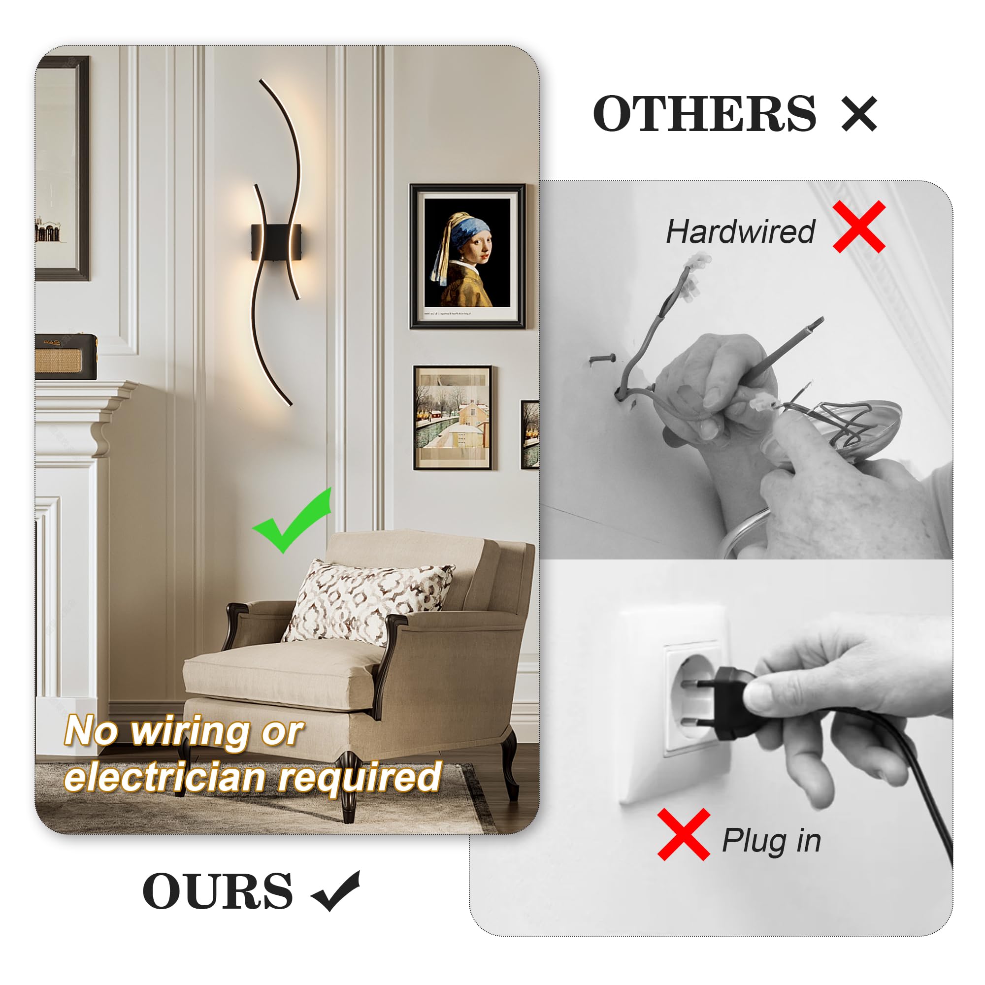 KARTOOSH Battery Operated Wall Sconce, Remote Control, LED Dimming, 39.3" Black, Model ZM319BBL100-N1-1A
