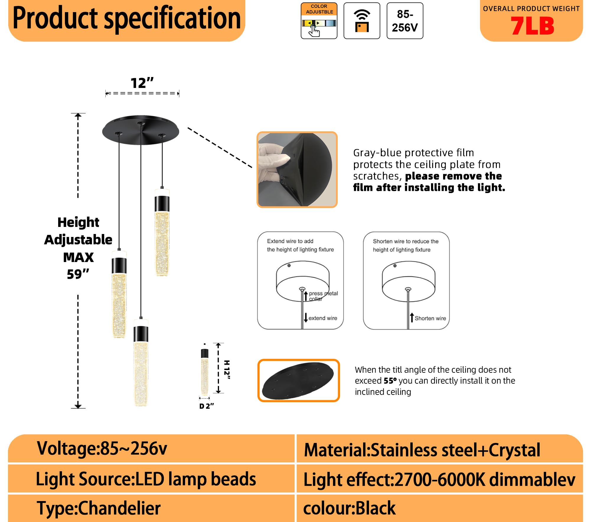 Dimmable 3-Light Pendant Lights Kitchen Island Crystal Hanging Light Modern Black Ceiling Light For Dinning Room Living Room