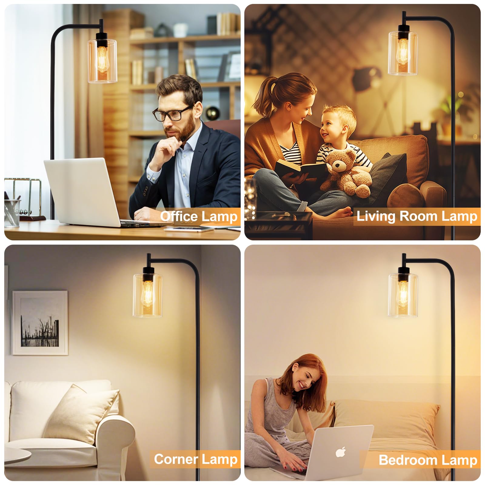 DINGLILIGHTING Tall Floor Lamp - Black Metal with Amber Glass Shade, Model WSFLL005-BK-3, Ideal for Living Room or Office