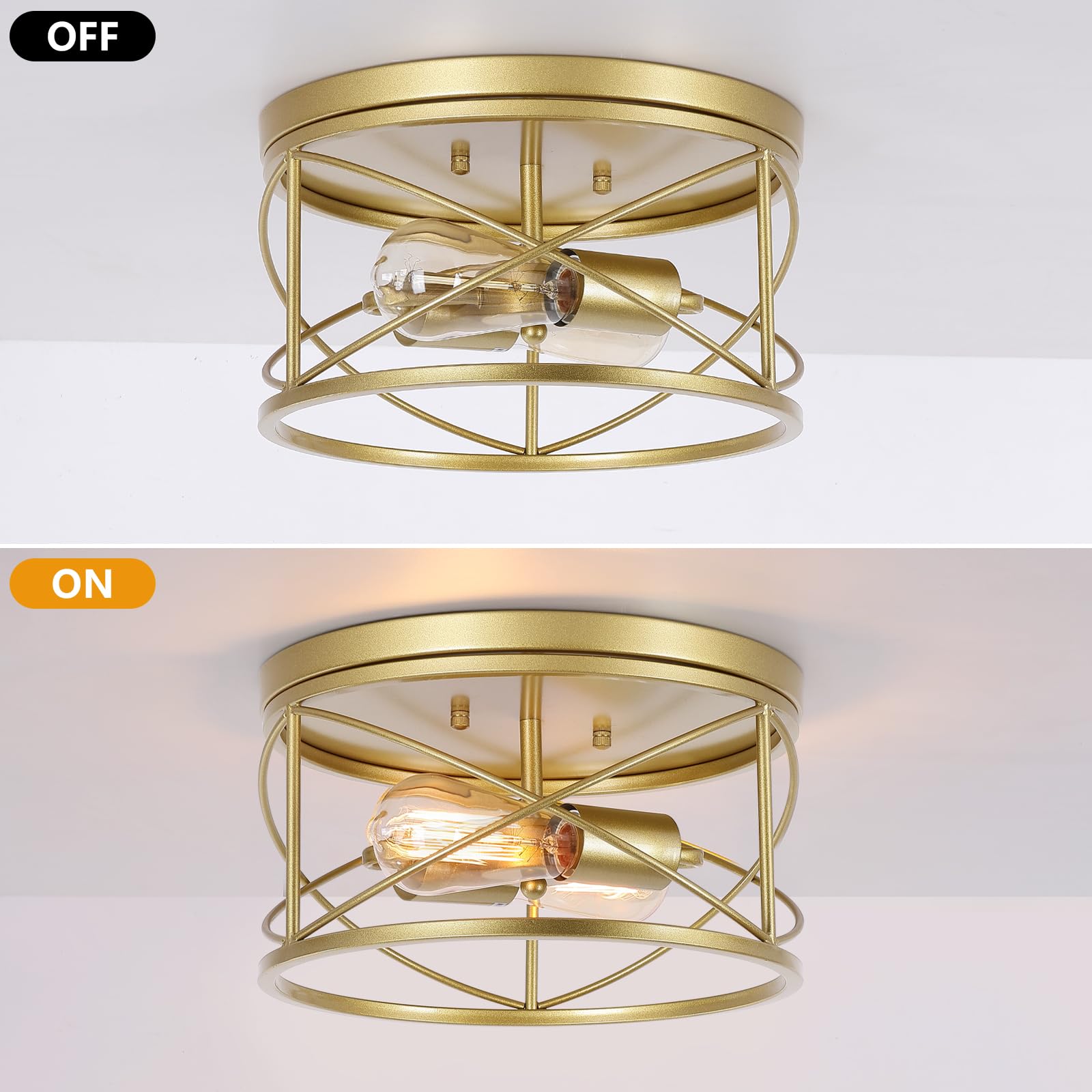 Weltrans Gold 2-Light Flush Mount Ceiling Light Fixture, Industrial Vintage Lamp For Home Decor