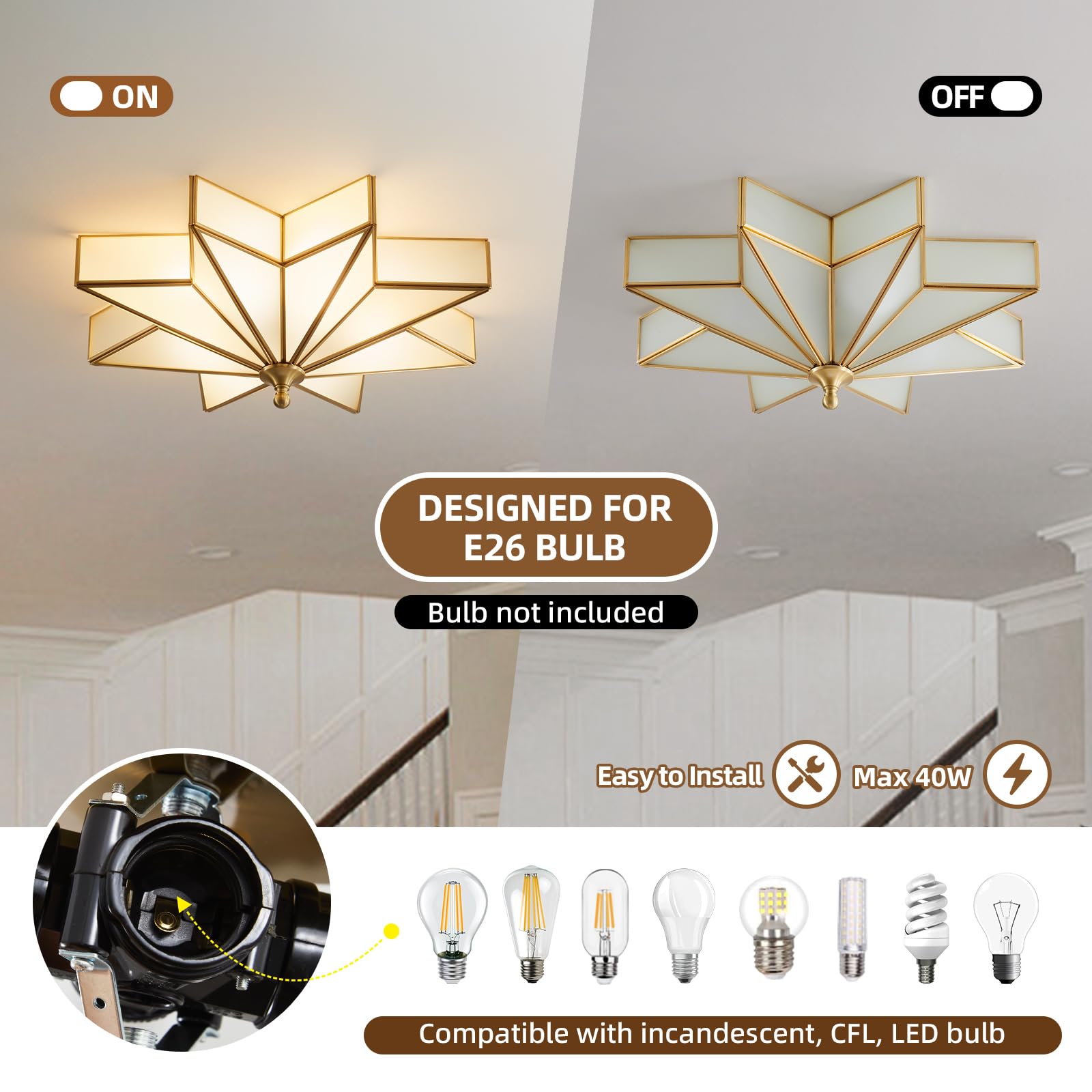 Mazu house Gold Star Flush Ceiling Light - Brass Glass - 19.5 Inch - Art Deco Mid Century Modern - Model DDXD07-TB-480