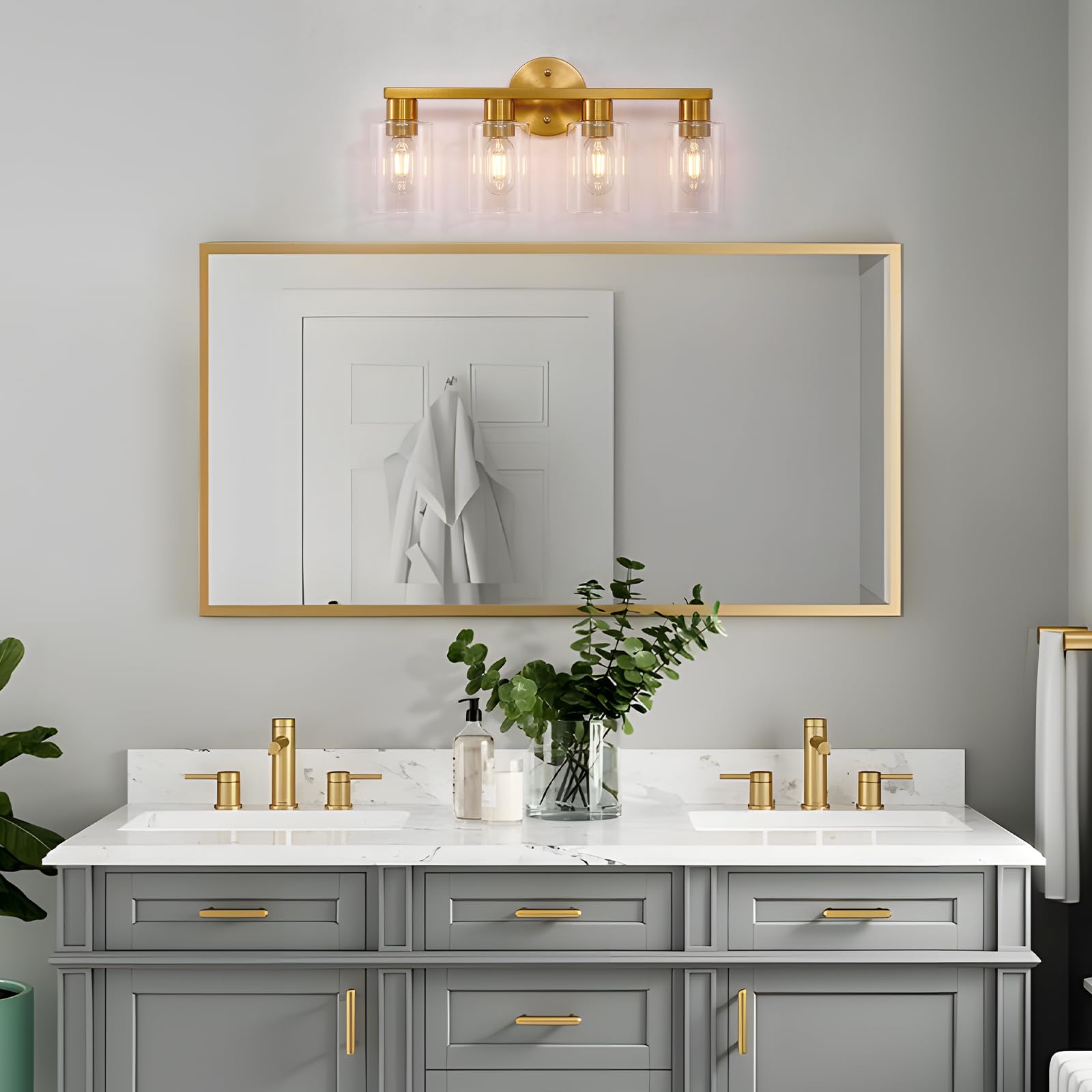 Hdasic 4 Light Gold Bathroom Vanity Light  Brushed Brass Bathroom Light Fixtures With Clear Glass Shade  Modern Wall Lamp Sconce Lighting For Bath Mirror Bedroom Living Room Hallway Porch