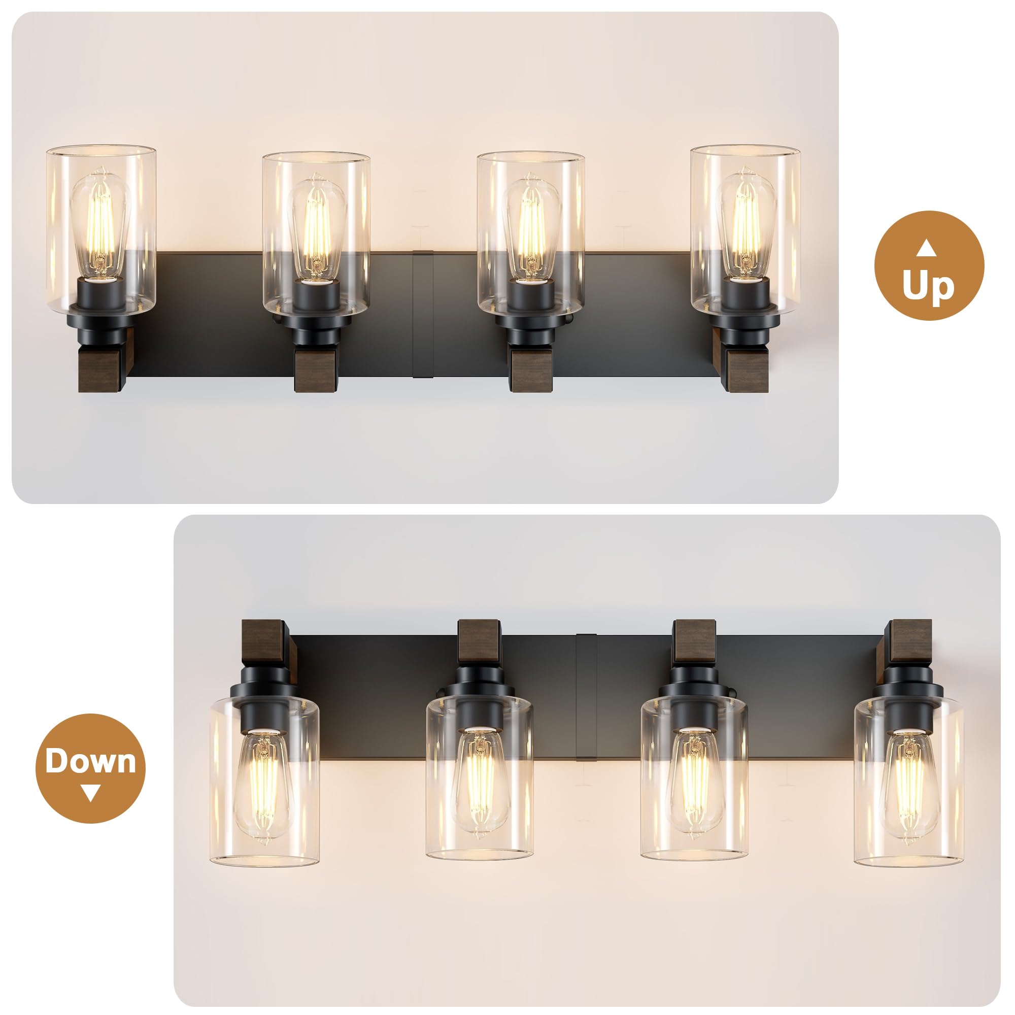 DvmTeom Farmhouse Bathroom Vanity Light - Rustic 4-Light Black & Wood Sconces with Glass Shade, Model D6005
