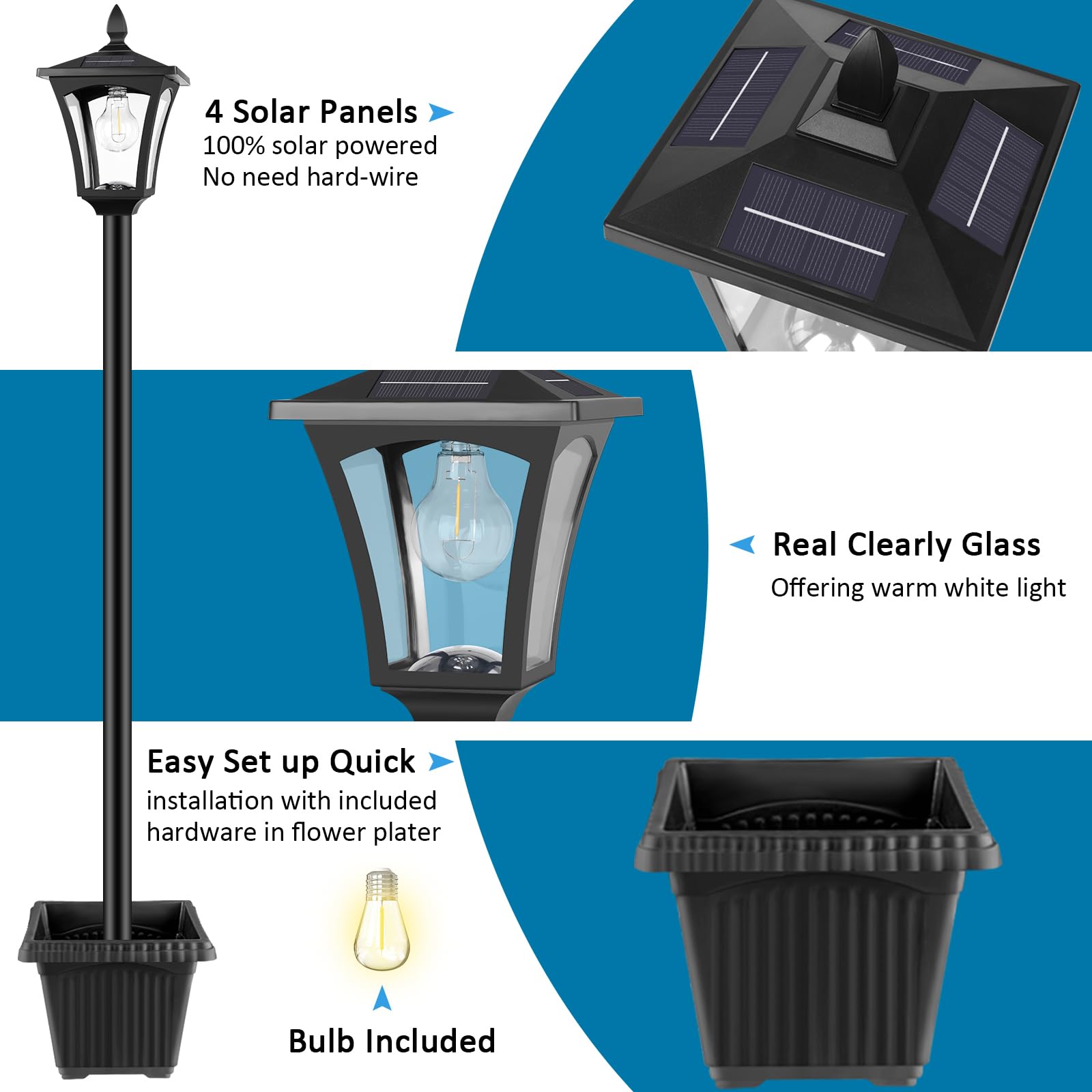 Derynome 72&quot; Solar Outdoor Light With Planter, Waterproof Black Solar Garden Lamp For Patio & Lawn