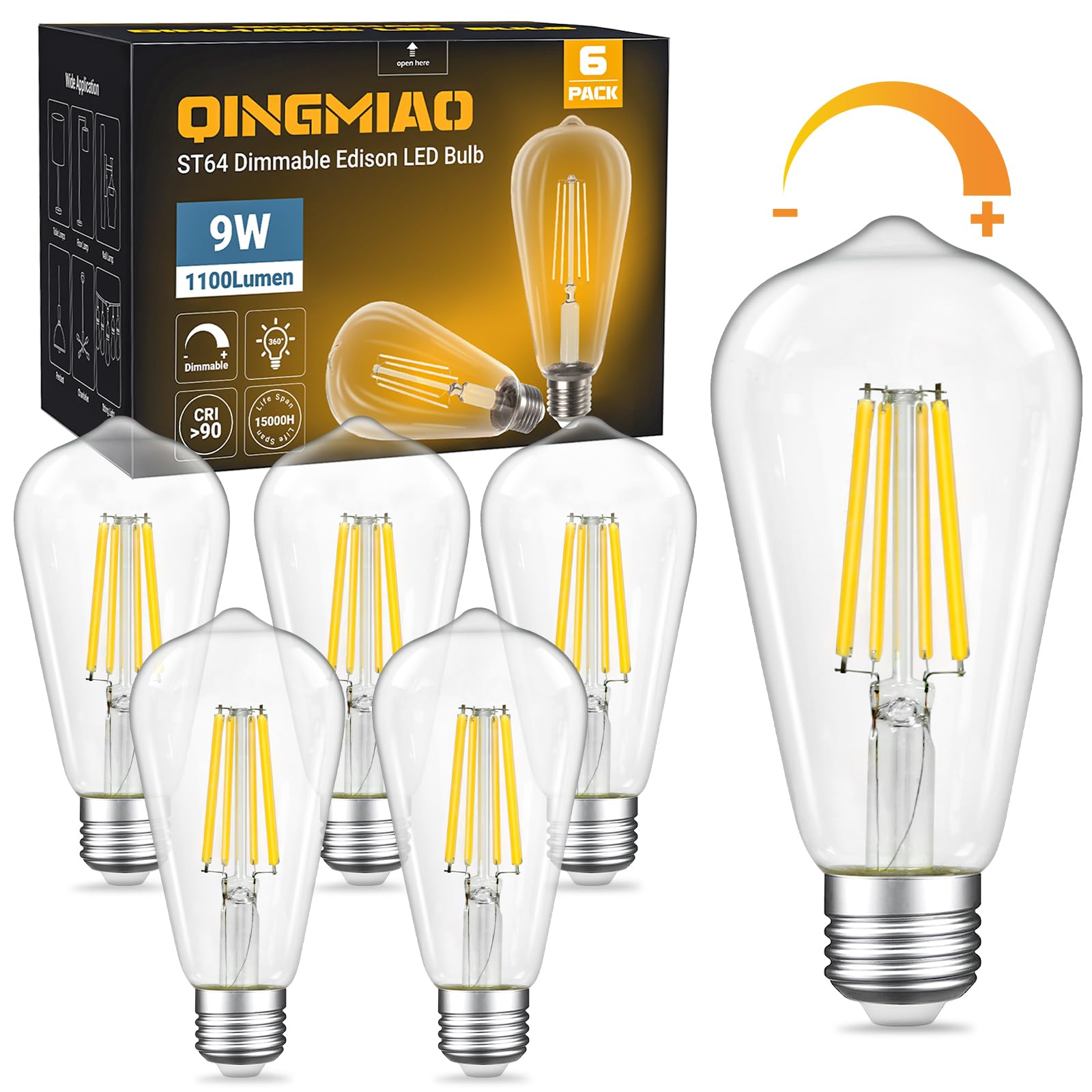 Dimmable Led Edison Bulbs 9W (80 Watt Equivalent) 1100 Lumens, 3000K Soft White, St64 E26 Base Led Light Bulbs, Vintage Clear Gl
