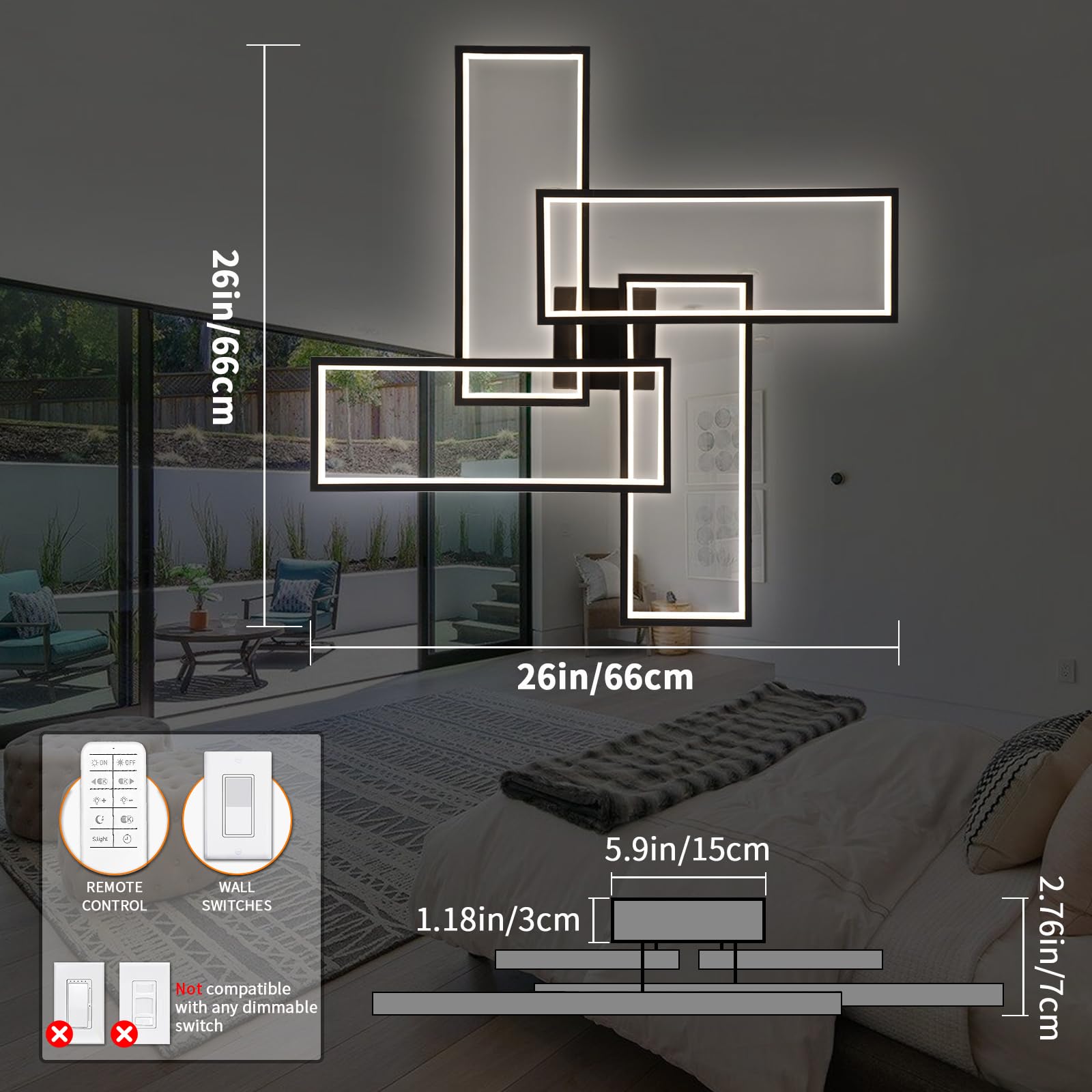 Shine Luest Modern Led Ceiling Lights For Bedroom 26'' Dimmable Square Ceiling Lights For Living Room With Remote Control Black