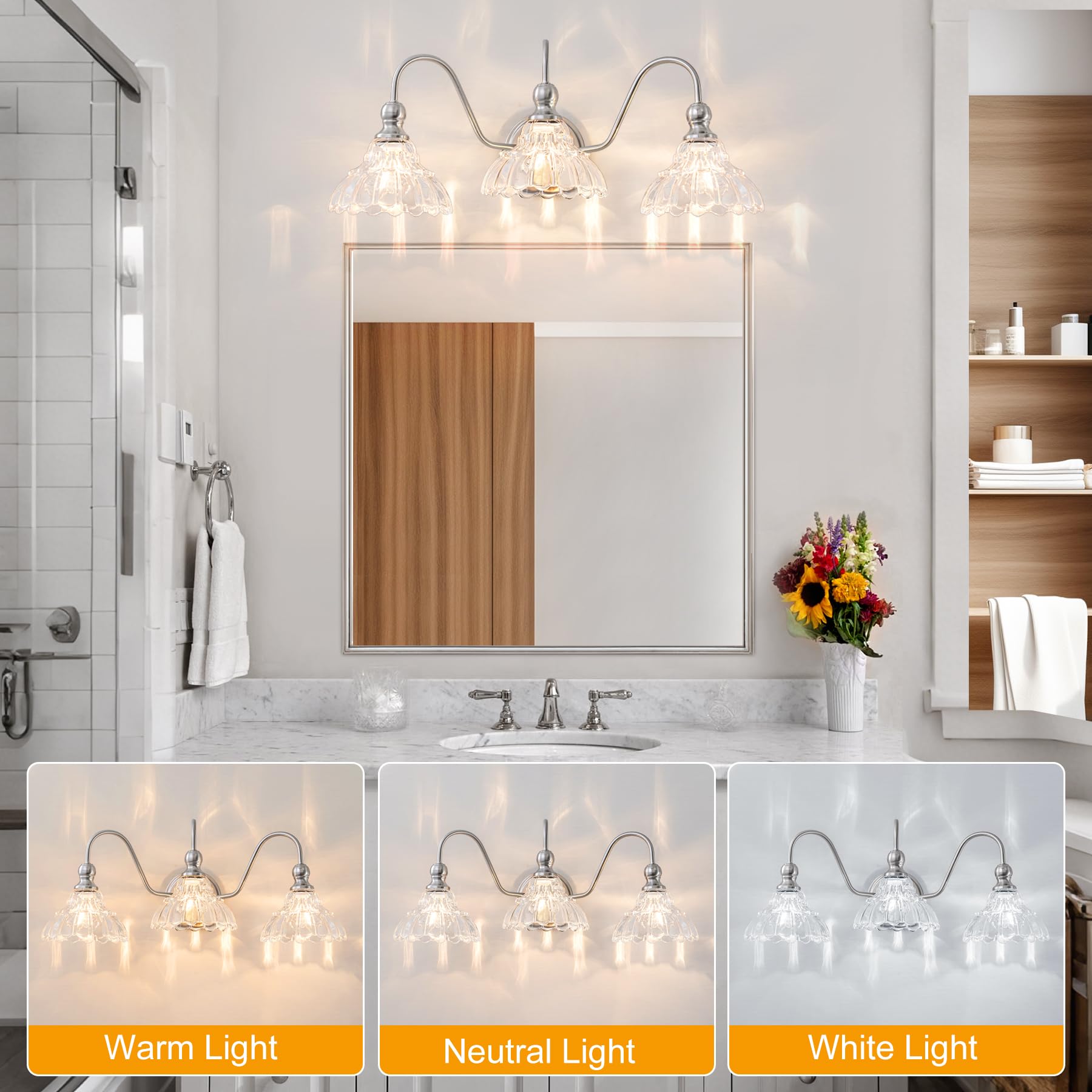 BrkNit 3-Light Vintage Bathroom Wall Sconce - Brushed Nickel with Flower Glass Shade, Farmhouse Vanity Lighting for Living Room, Kitchen, Hallway