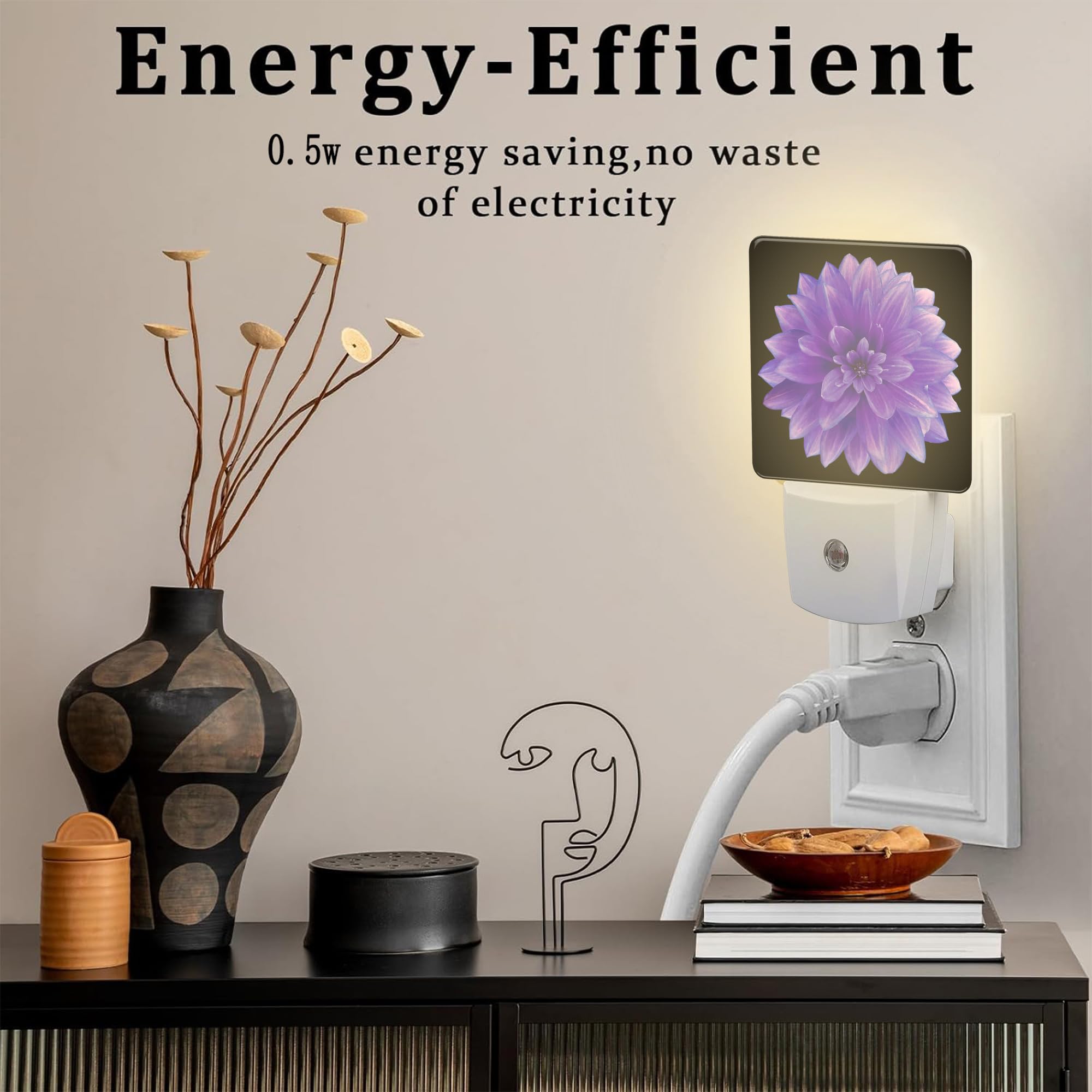 sndheke Purple Dahlia Night Light, Plug-in with Dusk to Dawn Sensor, 0.5W Energy Saving, Floral Design, Model SBD04, Color13