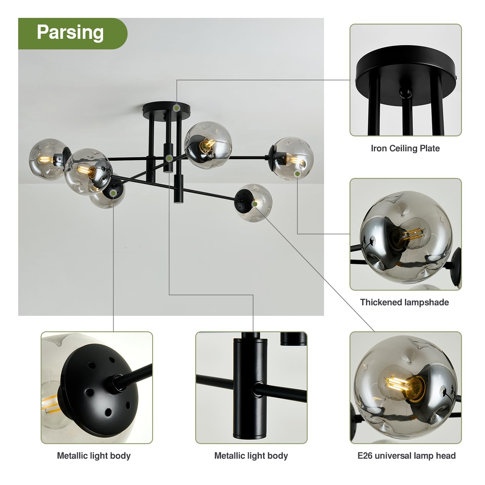 Szxykeji 6-Lights Glass Globe Sputnik Chandelier Modern Flush Mount Ceiling Light Fixture Black Farmhouse Lighting For Dining Ro