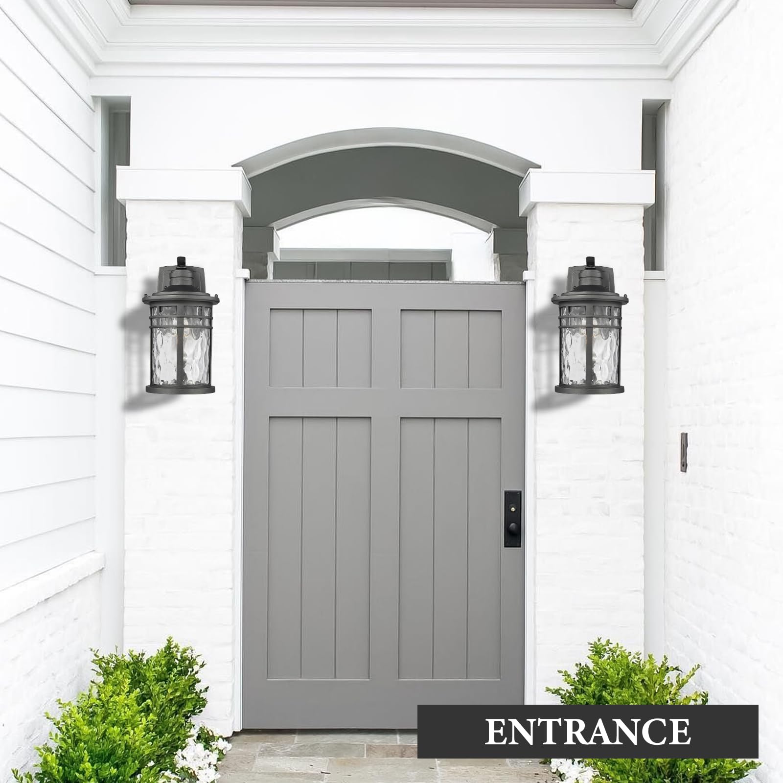 Darkaway Outdoor Porch Lights - Waterproof Wall Sconces, Medium Size, Black with Water Ripple Glass, Model 6X20B BK+WG
