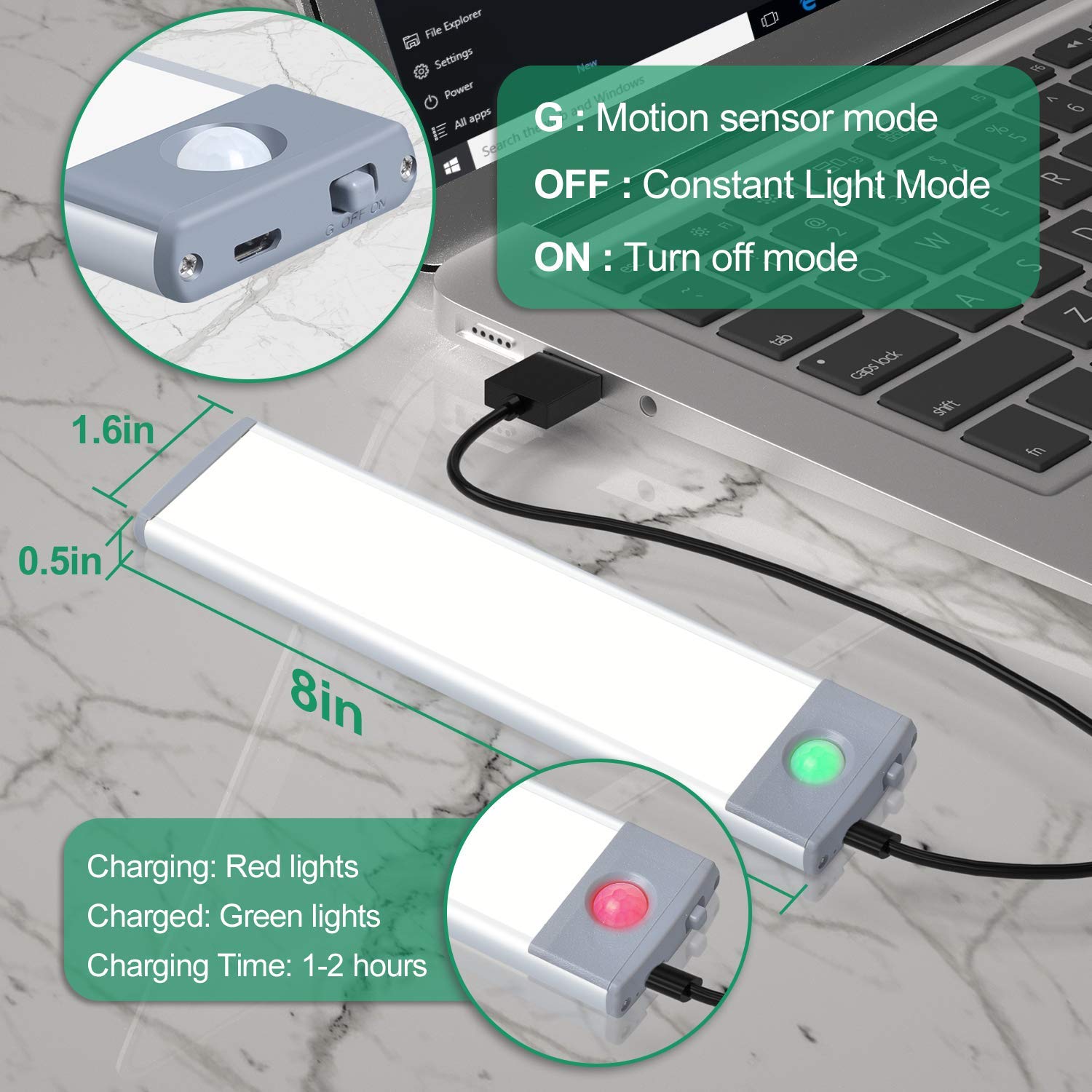 Hiboitec Led Under Cabinet Lighting, Motion Sensor, 30 Leds, Warm White, Rechargeable, 2-Pack