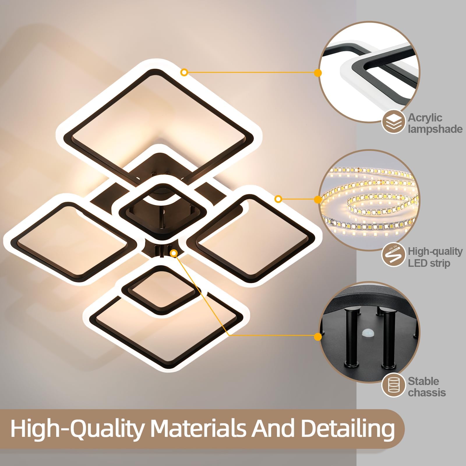 Modern Ceiling Light, 40.2'' Led Dimmable Acrylic Square 6+1 Rings Ceiling Lights With Remote, Black Flush Mount Ceiling Light F