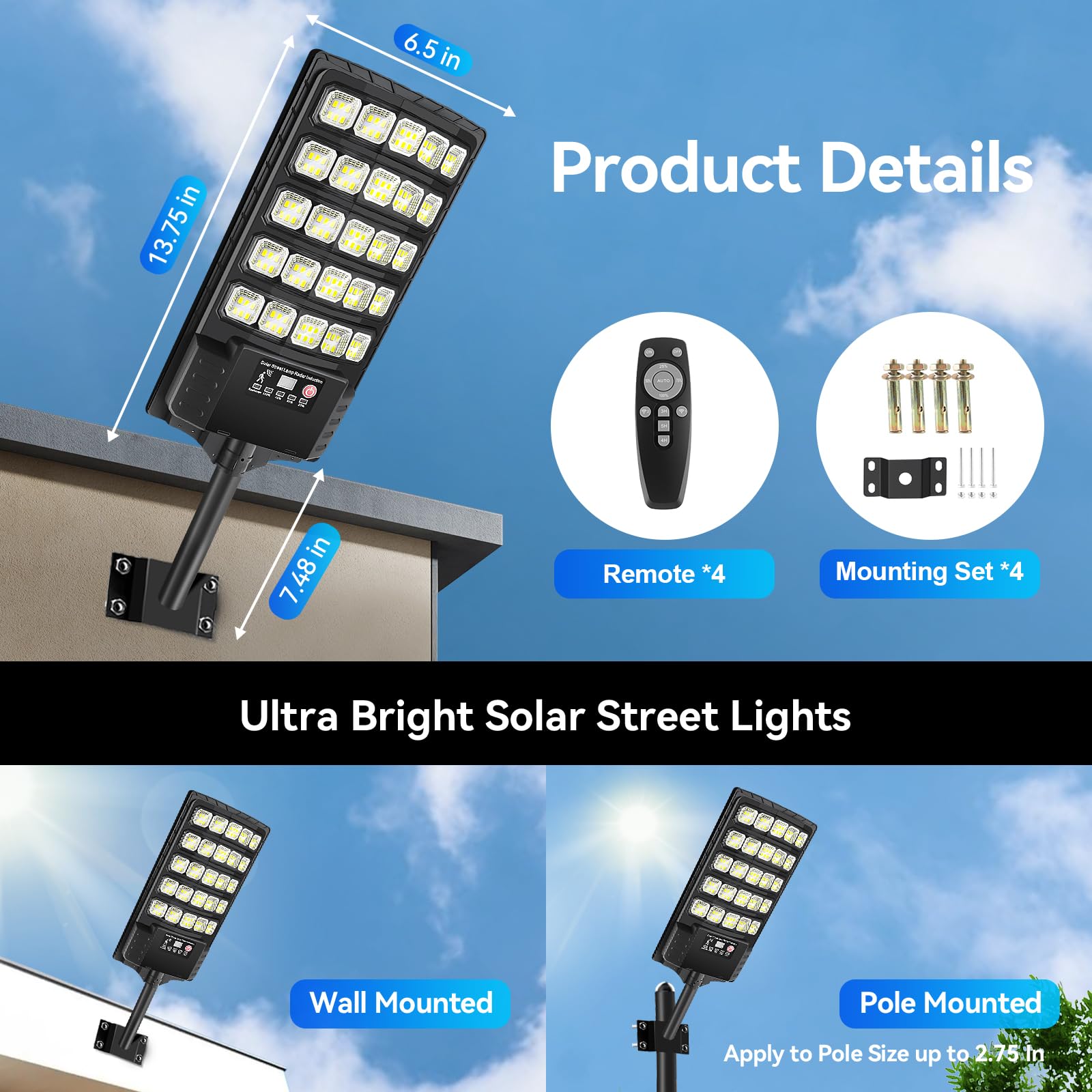 CNOIJUTS 4-Pack Solar Street Lights, 30000LM LED, Motion Sensor, Waterproof, Dusk to Dawn, Black, Model TL12-4