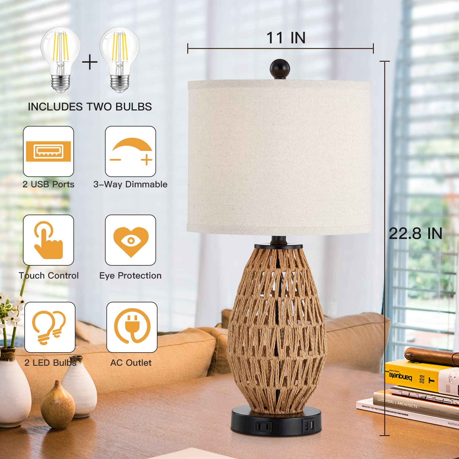 CINSARY Rattan Touch Control Table Lamp, 3-Way Dimmable, 2 USB Ports & AC Outlet, Model TD-002, Ideal for Bedroom & Living Room