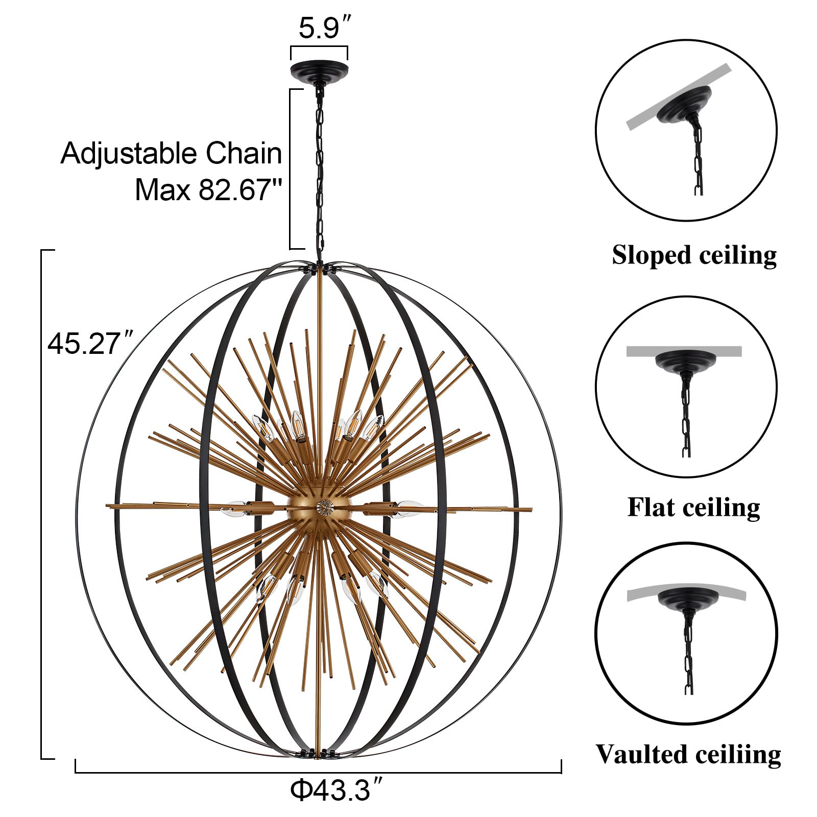 Tacdandm 43.3&quot; Black Gold 18-Light Globe Sputnik Chandelier Modern Adjustable Hanging Ceiling Firework Pendant Light Fixture For Entryway Foyer Stairway Kitchen Dining Living Room Hallway