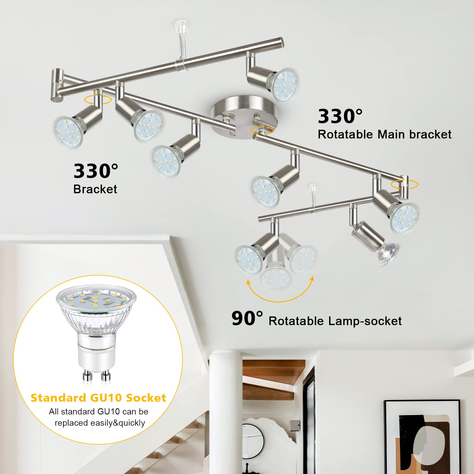 Unicozin LED Track Lighting Kit, 8 Light, Matt Nickel, Includes 8 x GU10 Bulbs, Flexibly Rotatable, 5000K Daylight White