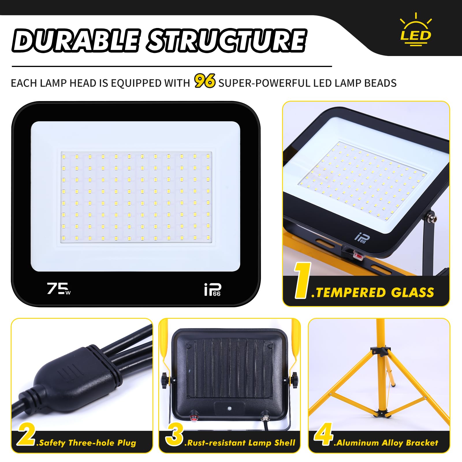 86 Inch 22500 Lumen Work Lights With Stand, 3 Adjustable Head Led Work Light, With Adjustable And Foldable Tripod Stand, Waterpr