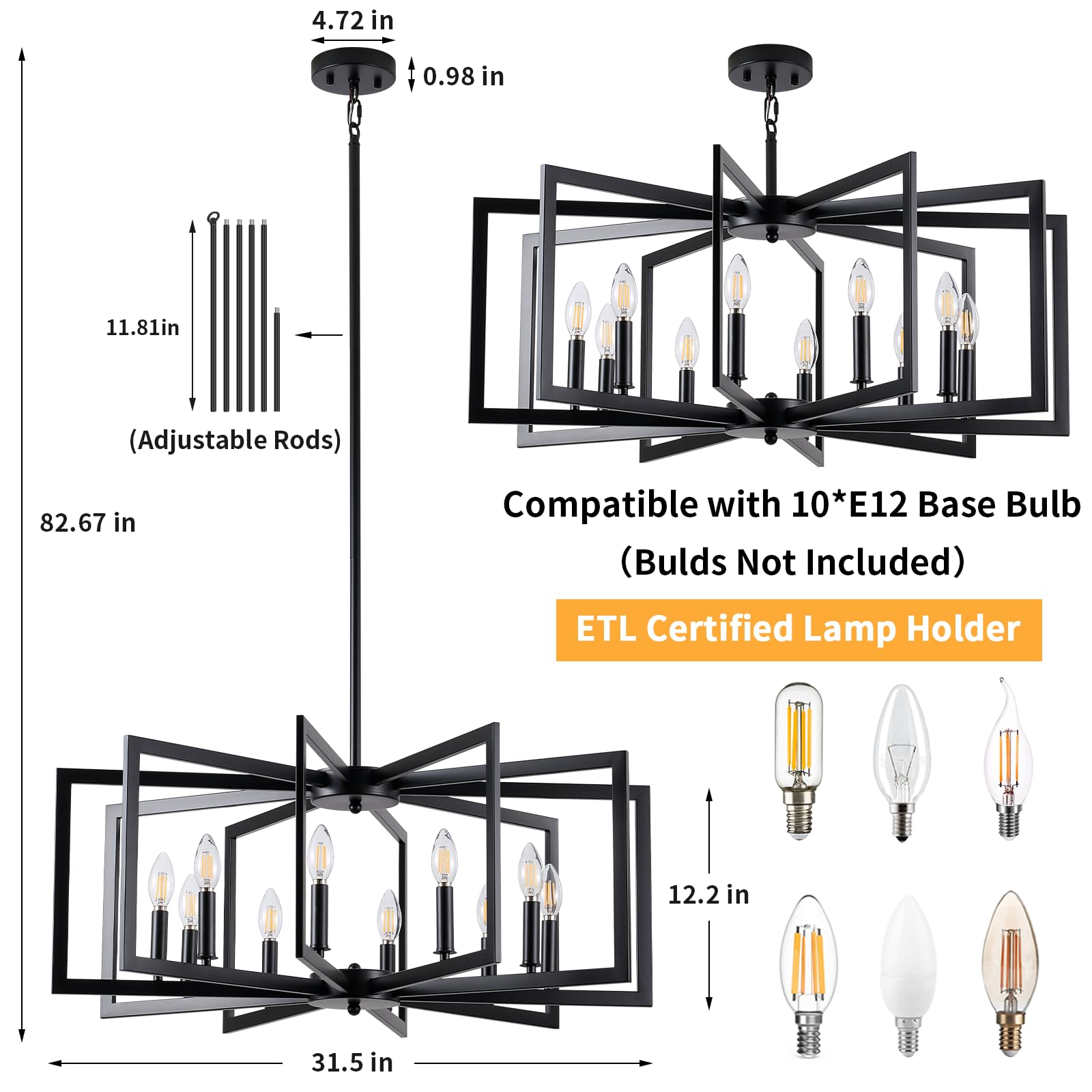 Miaybph Black Chandelier For Dining Room, 10-Light Kitchen Chandelier Light Fixture Modern Metal Industrial Large Chandeliers Fo