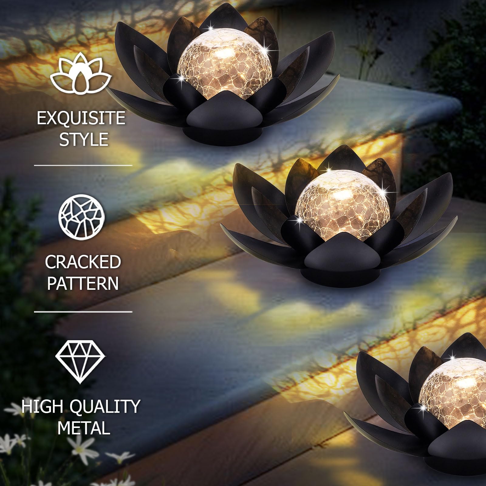 Huaxu Solar Lights Outdoor Garden Decor Metal Black Lotus Decoration, Crackle Globe Glass Waterproof Led Outside Table Lamp For