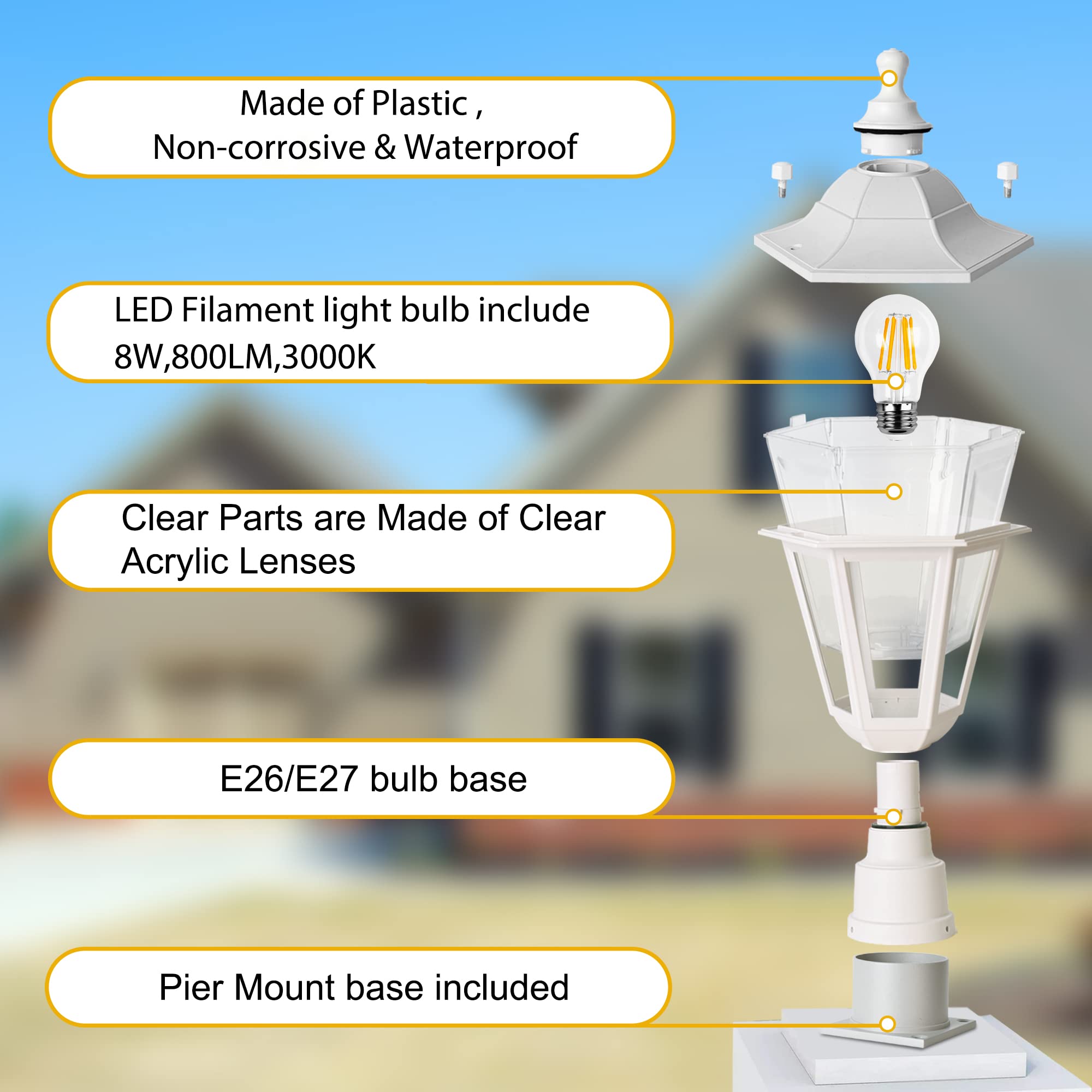 FUDESY Outdoor Post Light Fixture, Waterproof Plastic Lamp with E26 Socket, Model FDS6163W1, White, Pier Mount Base for Garden and Patio