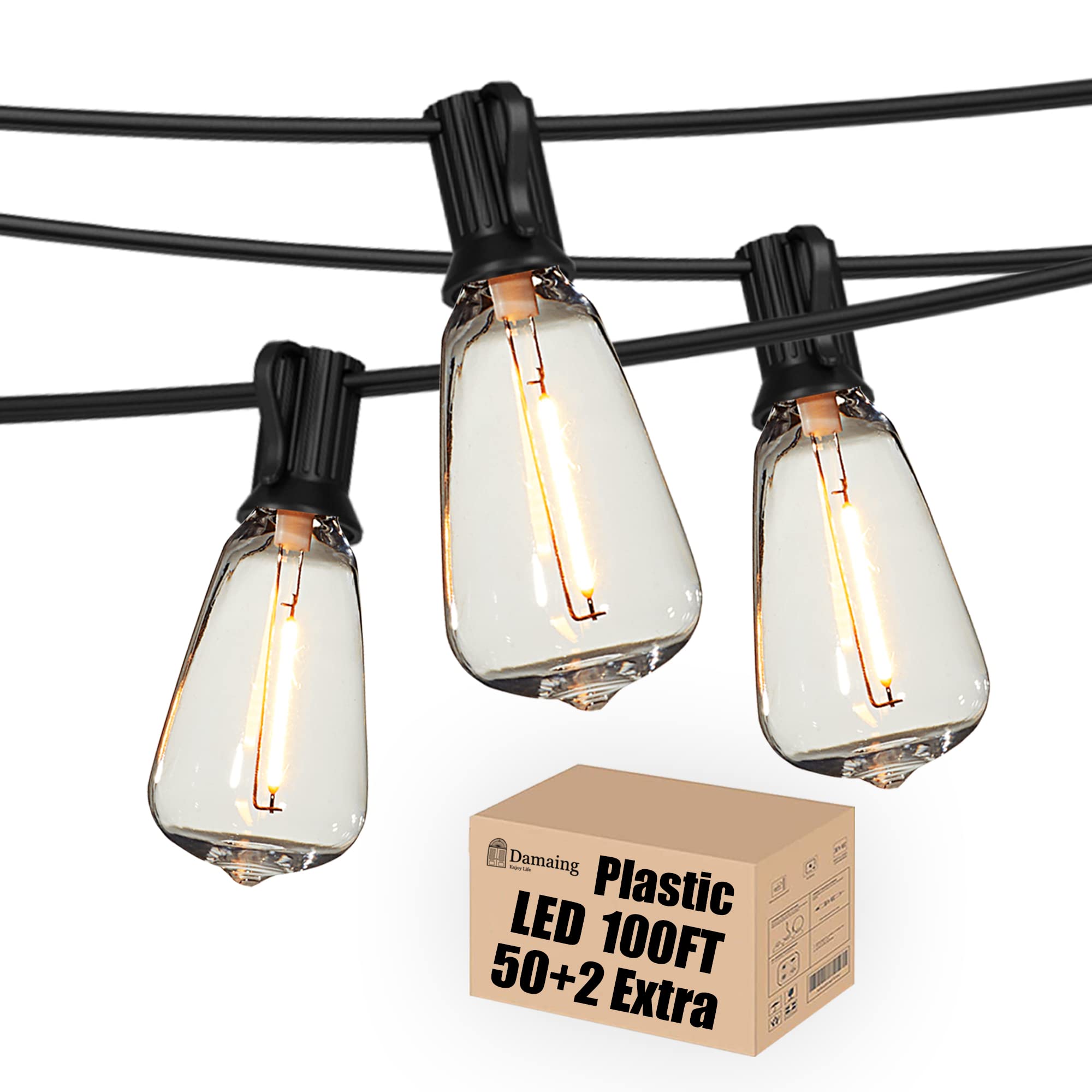 DAMAING Outdoor String Lights LED 100 FT, 52 Shatterproof Edison Bulbs, Waterproof, Black, Model US100050-Black