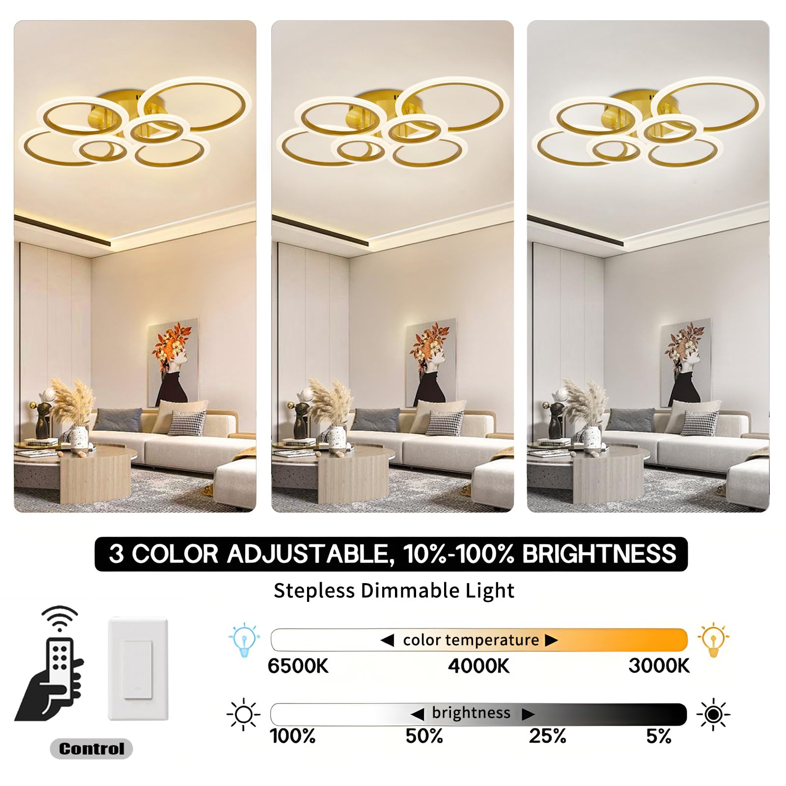 Cyaruy Modern Gold Flush Mount Ceiling Light Fixture With Remote, 3000K-6500K Dimmable, 6-Ring Round Led Chandelier Ceiling Lamp