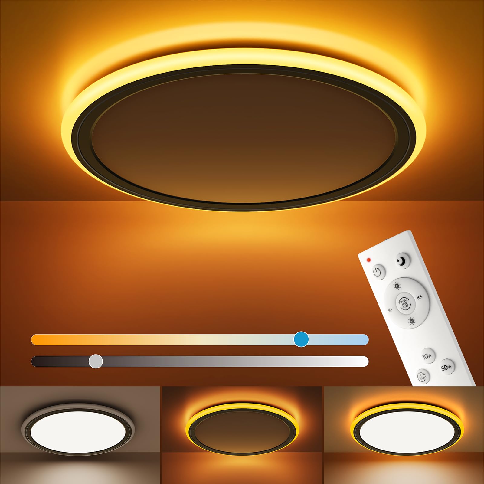 BLNAN 13in LED Flush Mount Ceiling Light Fixture with Remote Control, Dimmable Night Light 2000K, 3000K-6500K 24W Wired Low Prof