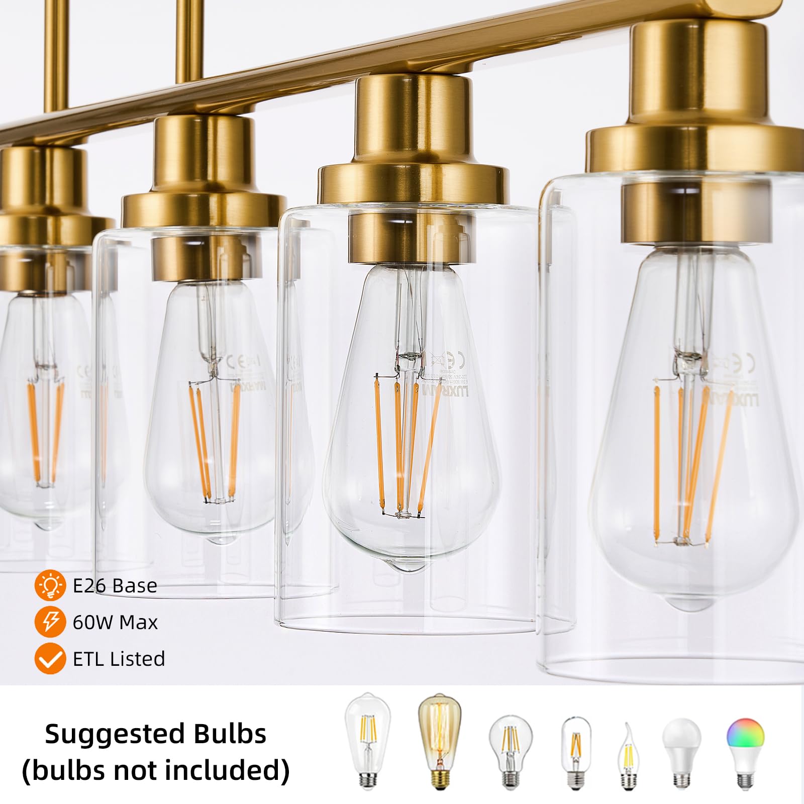 Kpiok Kitchen Island Lighting, 6-Light Modern Dining Room Light Fixture Over Table,44.3'' Vintage Farmhouse Gold Linear Chandelier, Industrial Pendant Lights For Kitchen Island With Clear Glass Shade