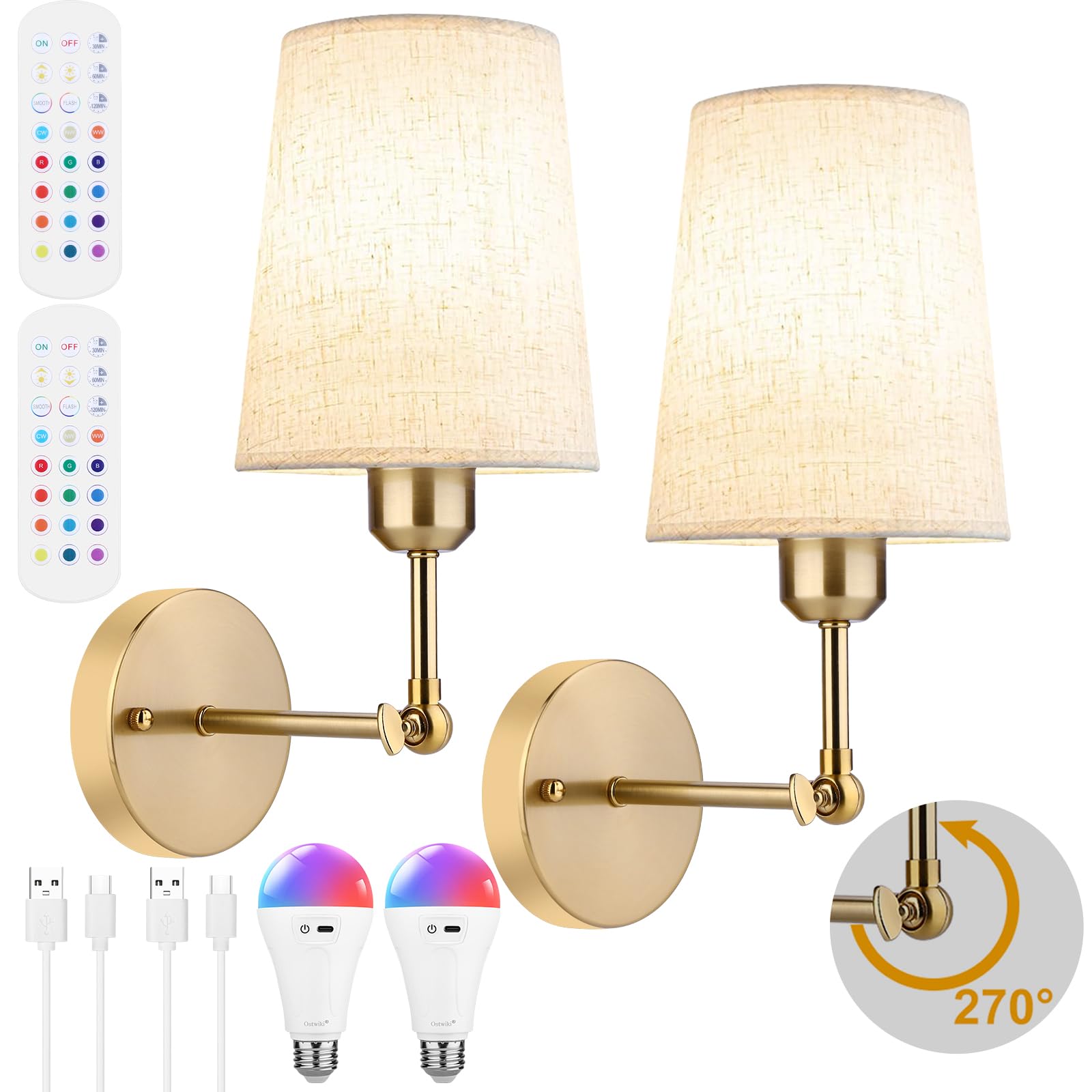 Battery Operated Wall Sconce Set of Two Modern Gold Rechargeable Wall Lights with 5200mAh RGB Bulb and Remote Control  270Rotation Dimmable Battery Powered Wireless Wall lamps for Bedroom Living Room