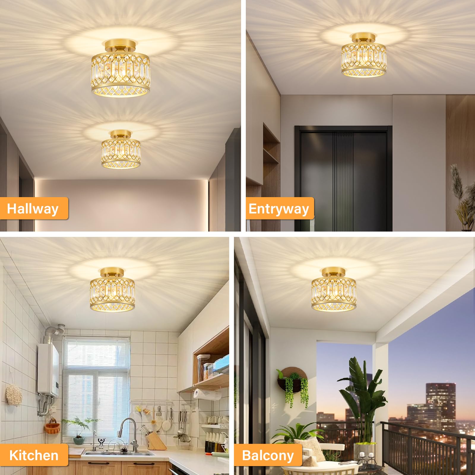 YURNYQ Crystal Ceiling Light Fixture, Modern Semi Flush Mount, 9.05in, Gold, Metal, Model 241017001