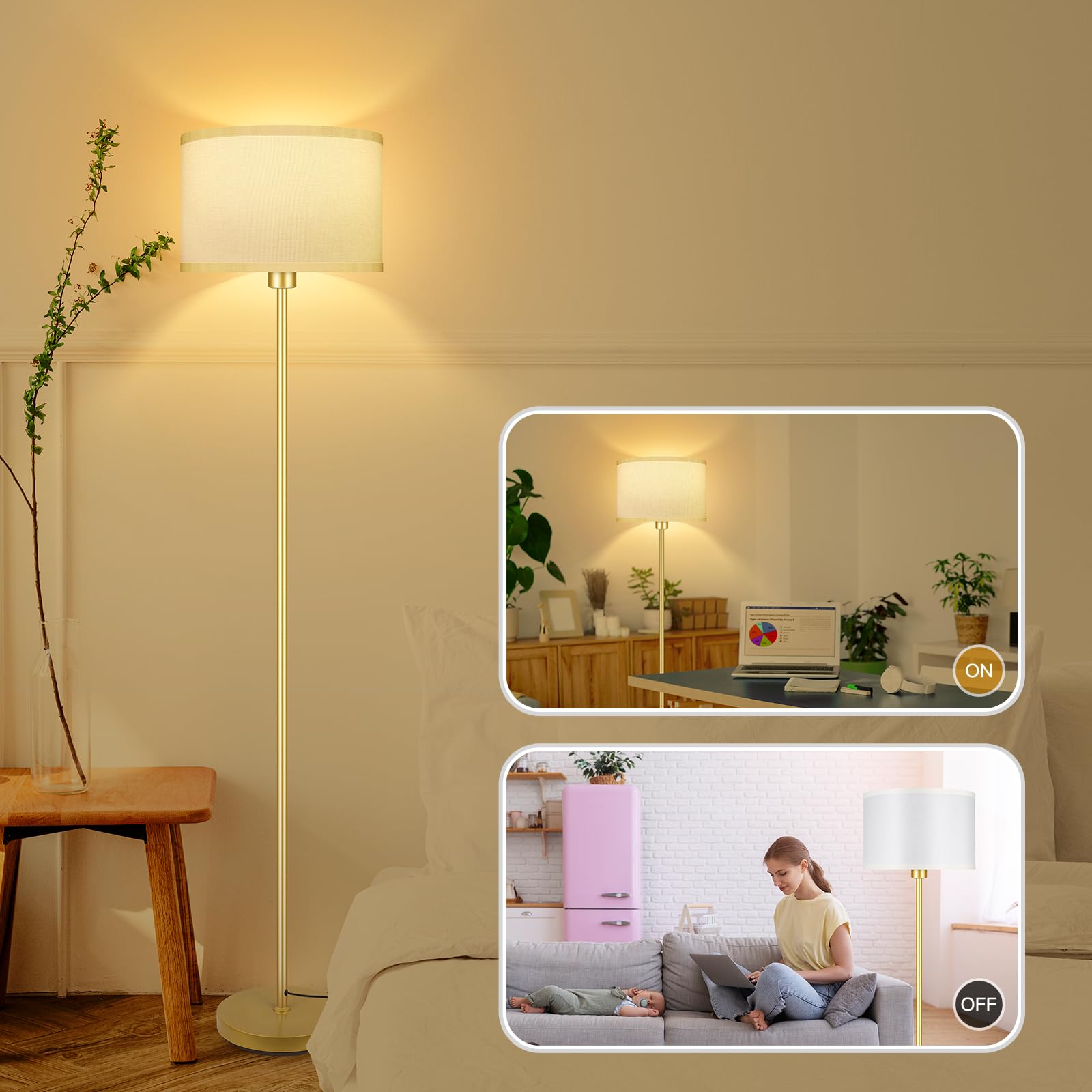 Gold Floor Lamps For Living Room, Modern Standing Lamp, White Lamp Shades, Foot Switch, Simple Pole Lamps Tall Lamp For Bedroom,