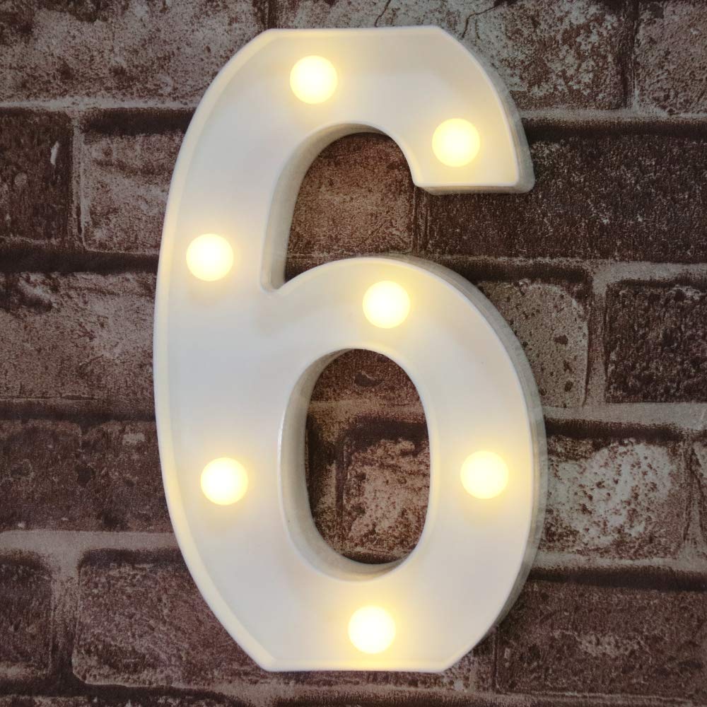 Pooqla Decorative LED Number Light Sign, Battery Operated, White Plastic, Number 6, Model JH-NB-06