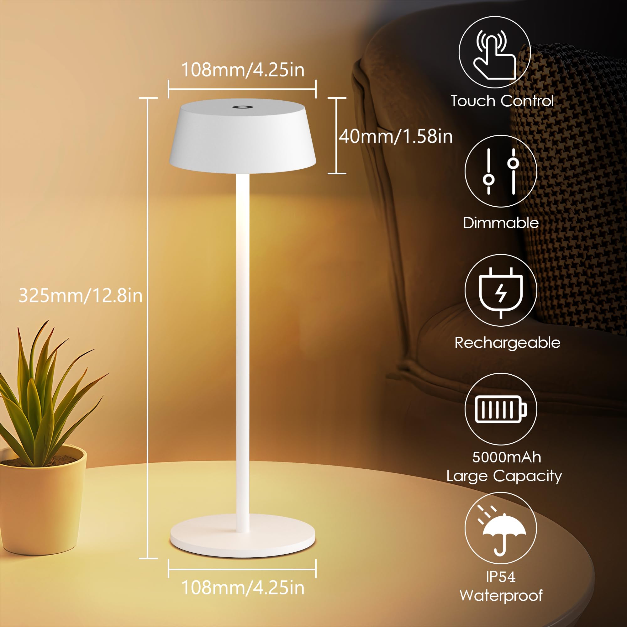 Aipsun Table Lamps Set Of 2, White Battery Operated Table Lamp Cordless Outdoor Touch Led Table Lamp For Restaurant/Living Room/