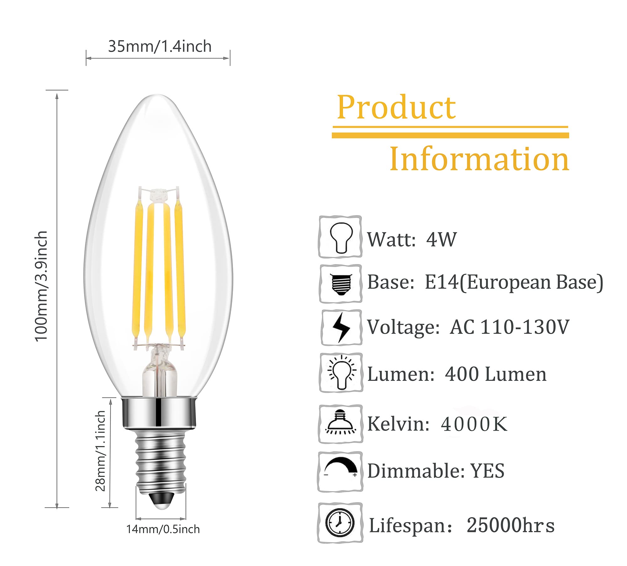 Lamsky E14 Led Bulb Dimmable,110V 400Lm 40W Equivalent Neutral White 4000K,E14 European Base Candelabra Led Bulbs,C35 Clear Glas
