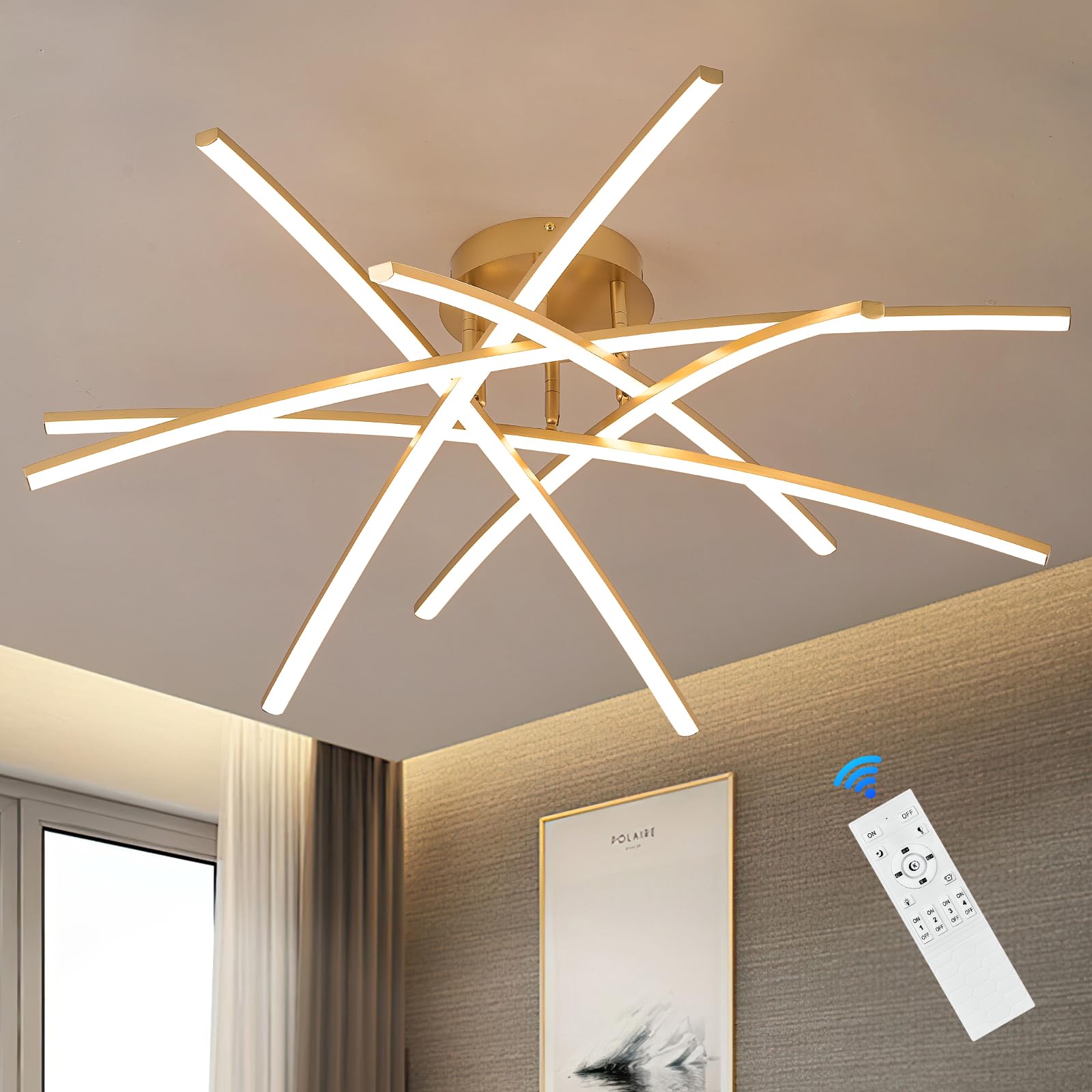 AIRYPHANT Gold LED Chandelier Semi Flush Mount Ceiling Light, 65W Remote Control Ceiling Lighting Fixture for Living Room Dining