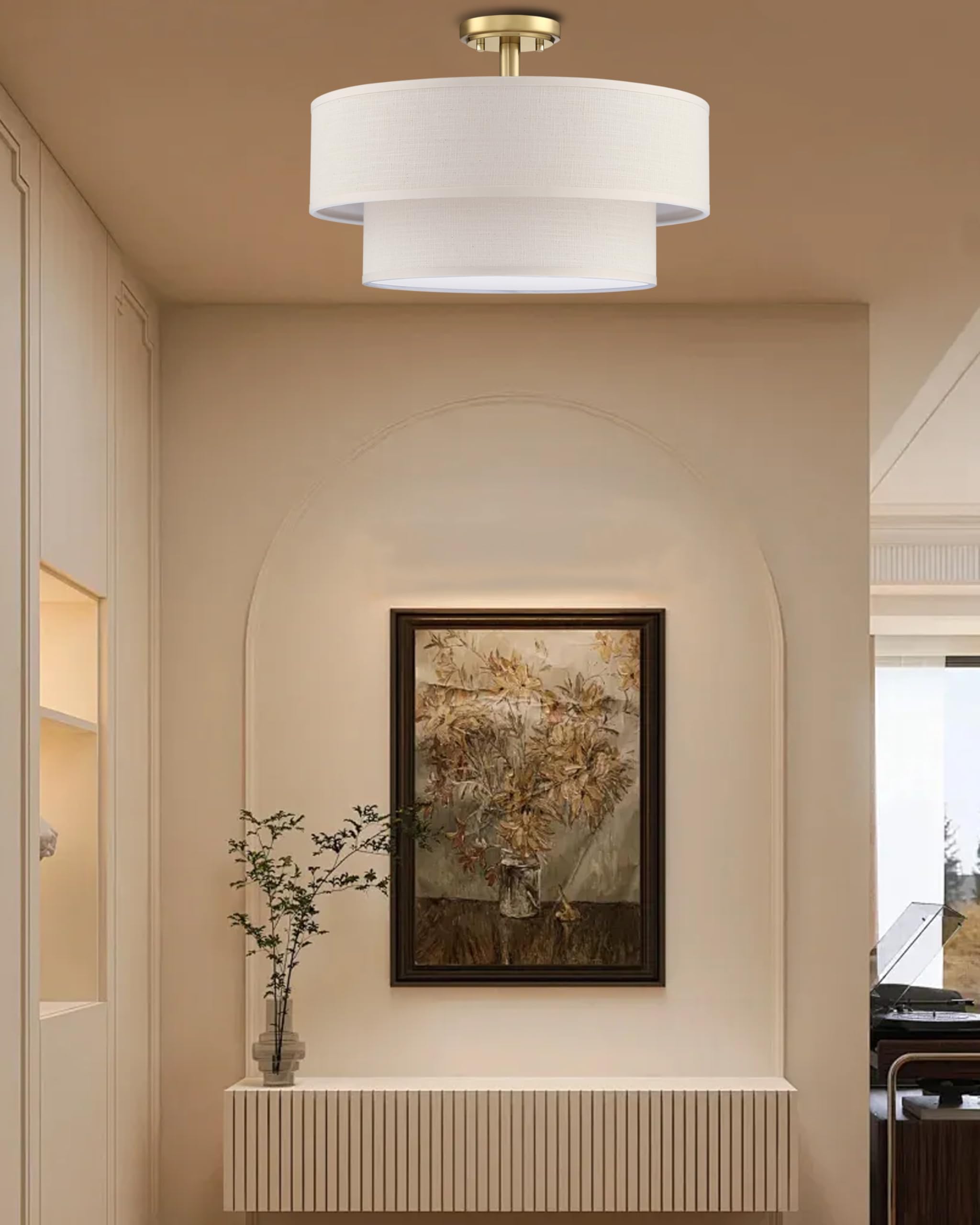Dolaimi House 20 Inch Semi Flush Mount Light Fixture, Brushed Bronze Finish, Fabric Shade for Bedroom, Living Room, Dining Room