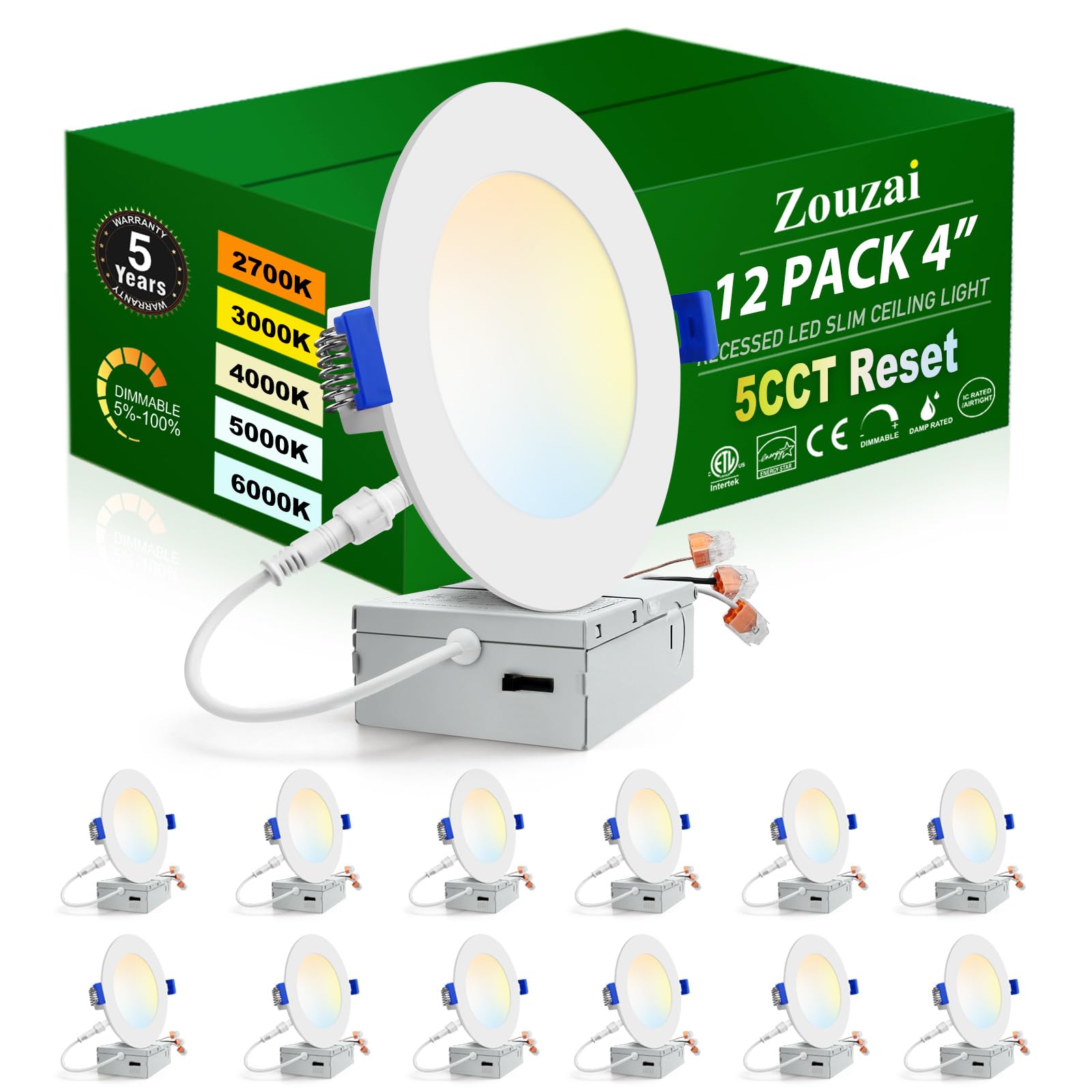 zouzai 12 Pack 4 Inch 5CCT Reset 6000k/5000k/4000k/3000k/2700k Ultra-Thin LED Recessed Ceiling Light with Junction Box, 9W Eqv 8