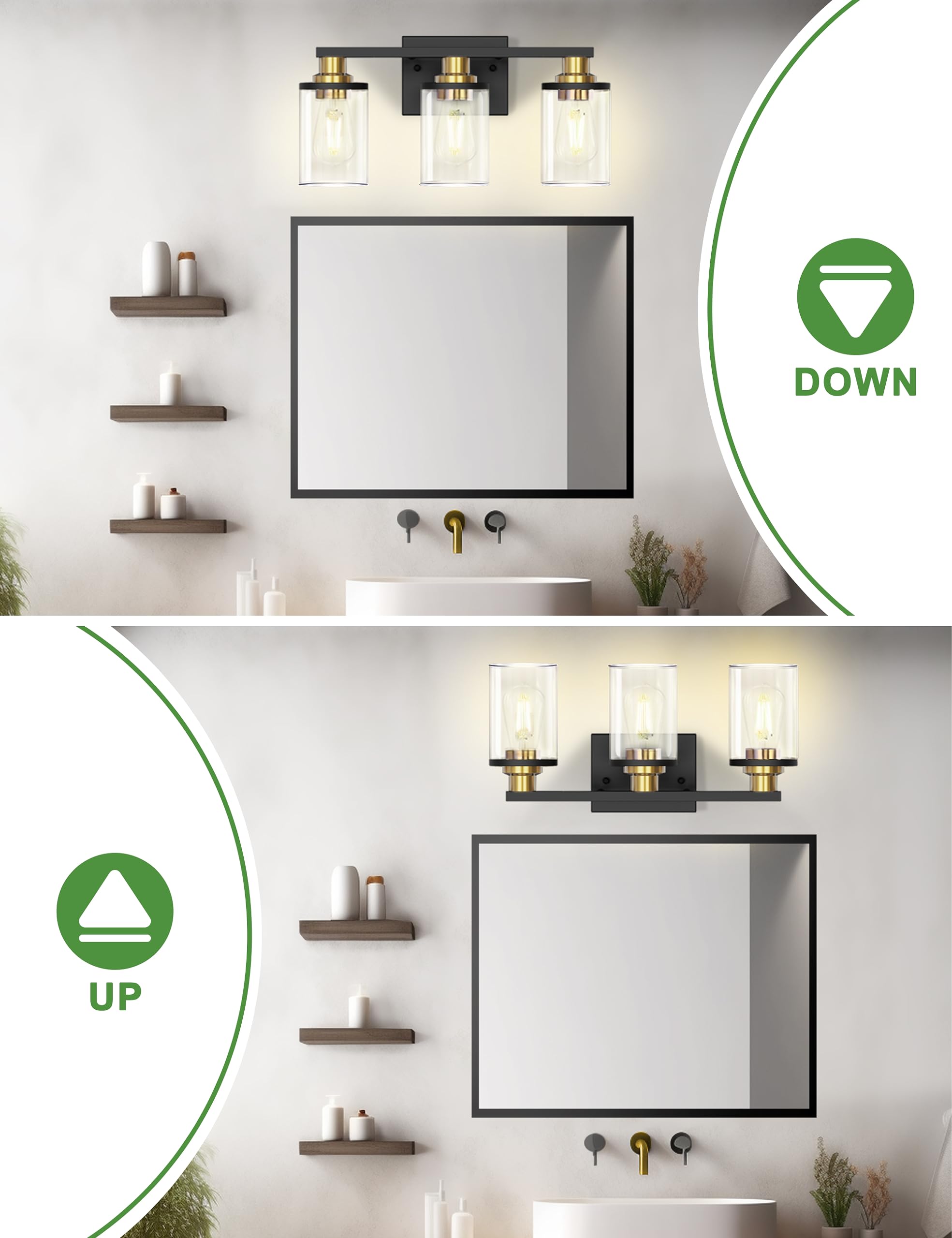 DORESshop Bathroom Light Fixtures, 3-Light Vanity Lights, Black and Gold, Glass Shade, ETL Listed